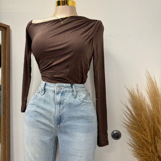 One Shoulder Long Sleeve Top-Brown
