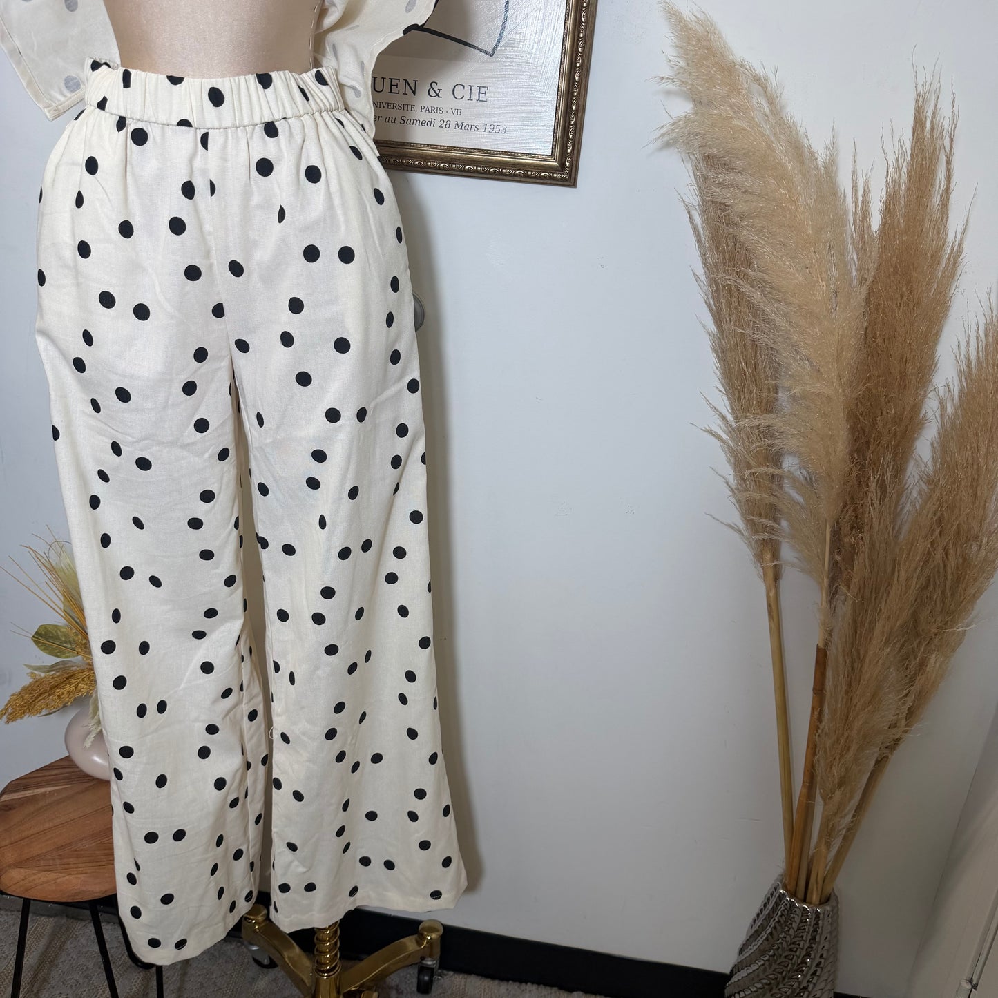Polka Dot Linen Strapless Pant Set -Cream