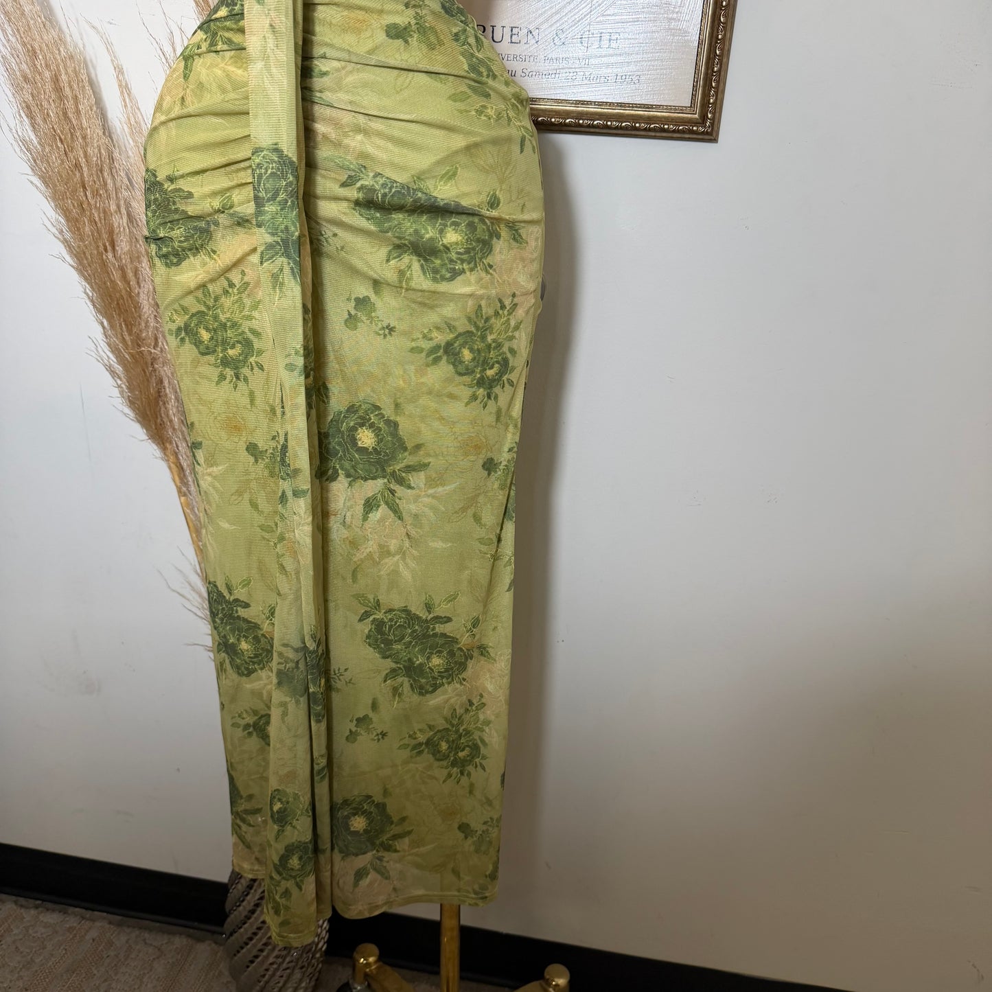 Sweetheart Ruched Wrap Maxi Dress-Green
