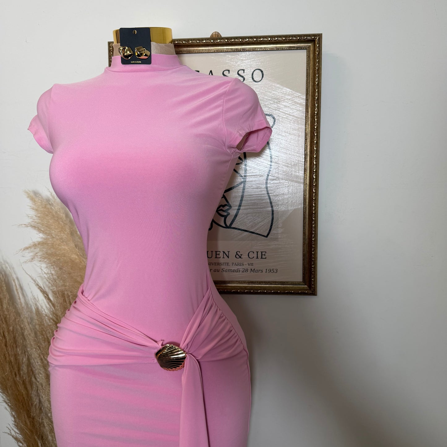 Shelf Gold Trim with Sash Detail Midi Dress-Pink
