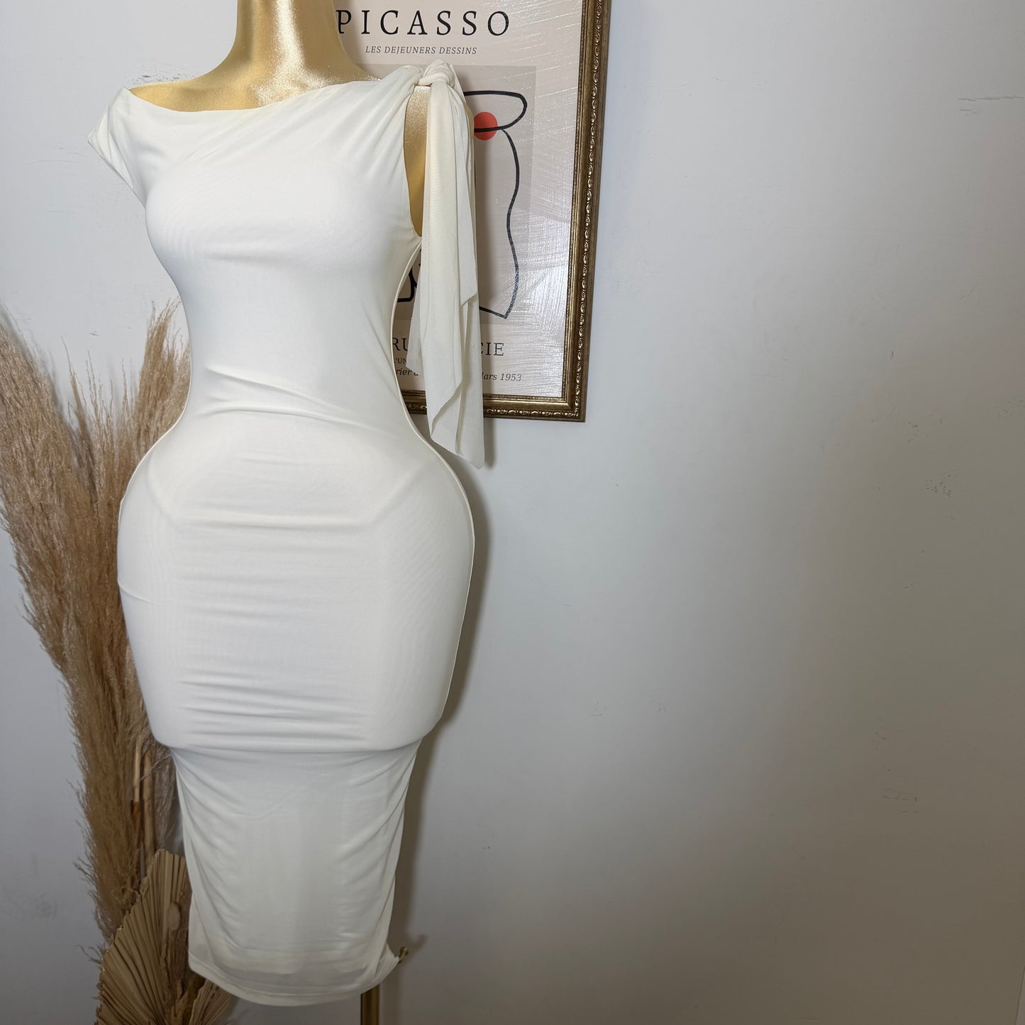 One shoulder Tie Midi Dress-Cream