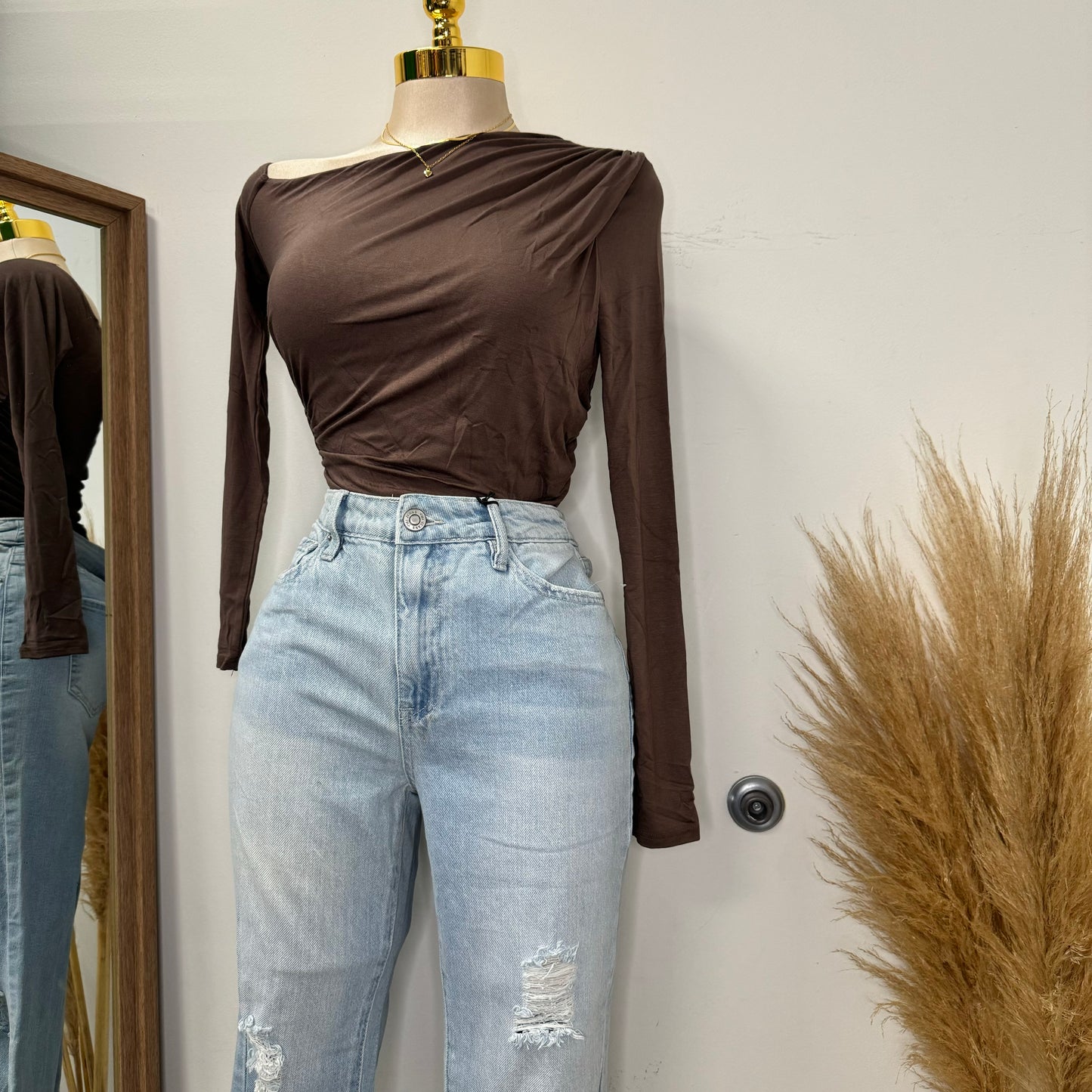 One Shoulder Long Sleeve Top-Brown