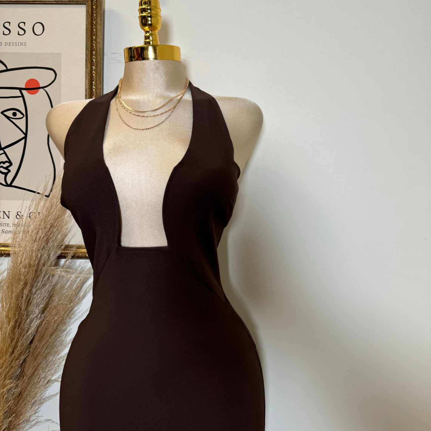 Fine Stretch Woven Halter Neck Fitted  Midi Dress-Brown