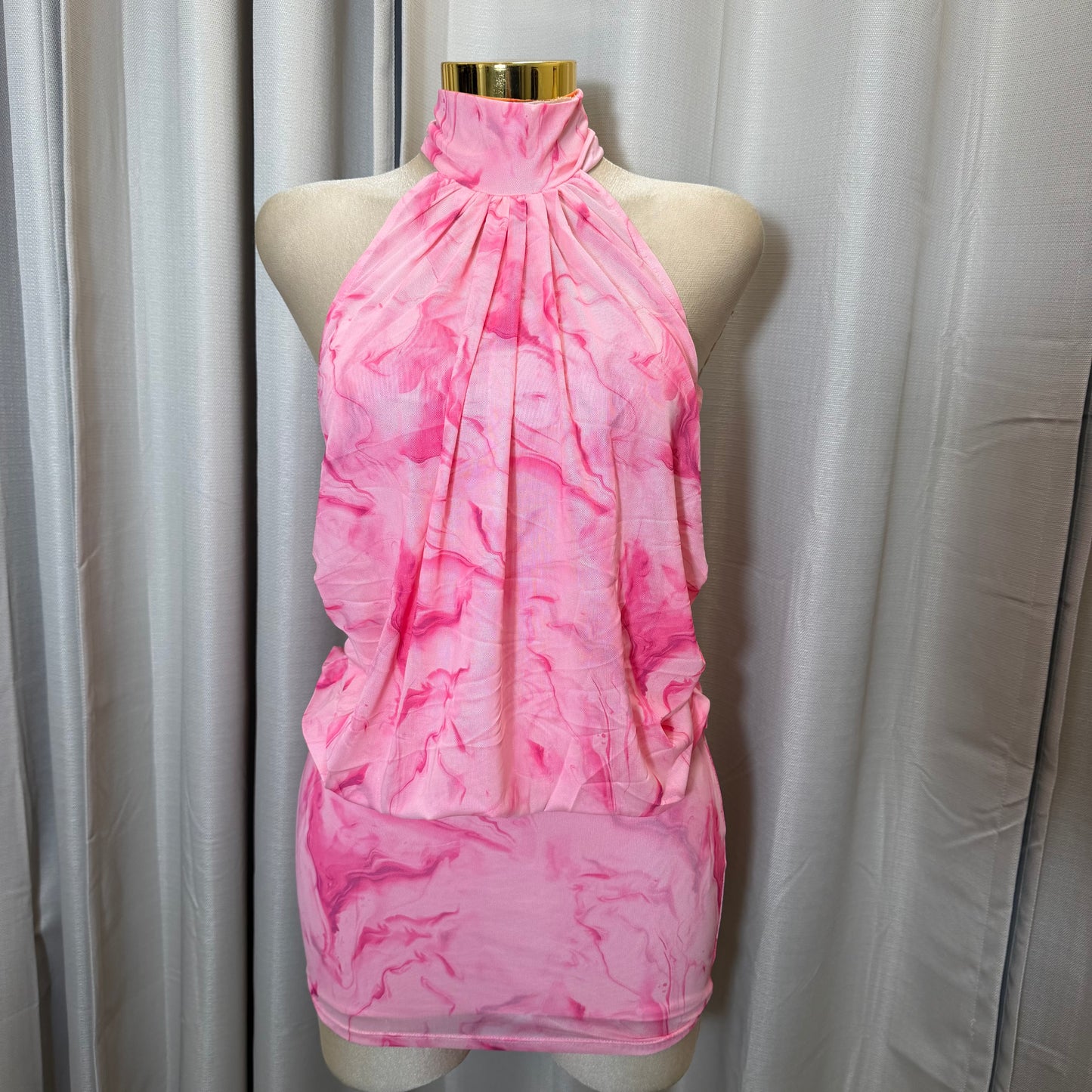 Halter Blouson Bodycon Mini Dress-Pink