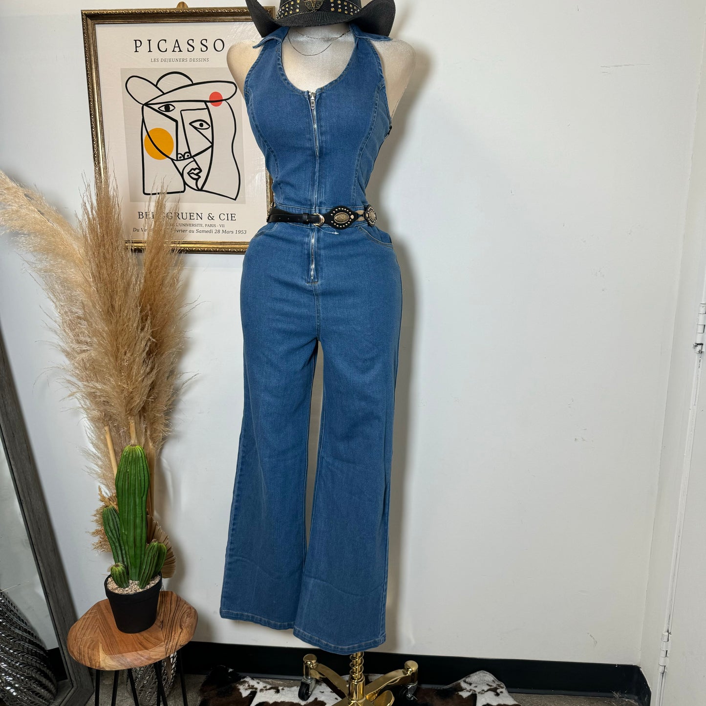 Halter Denim Jumpsuit-Blue