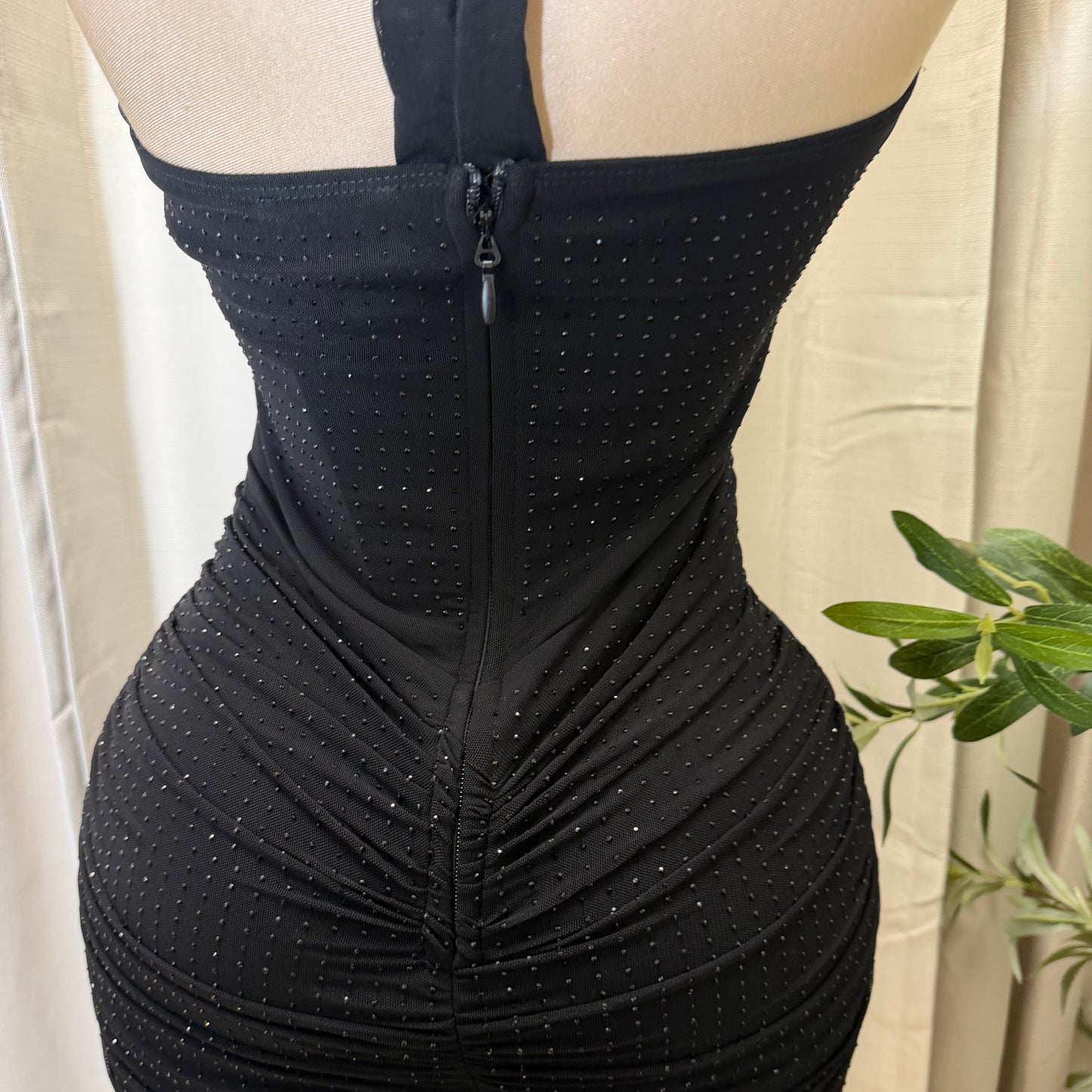 EMBELLISHED MESH COWL NECK MINI DRESS-Black