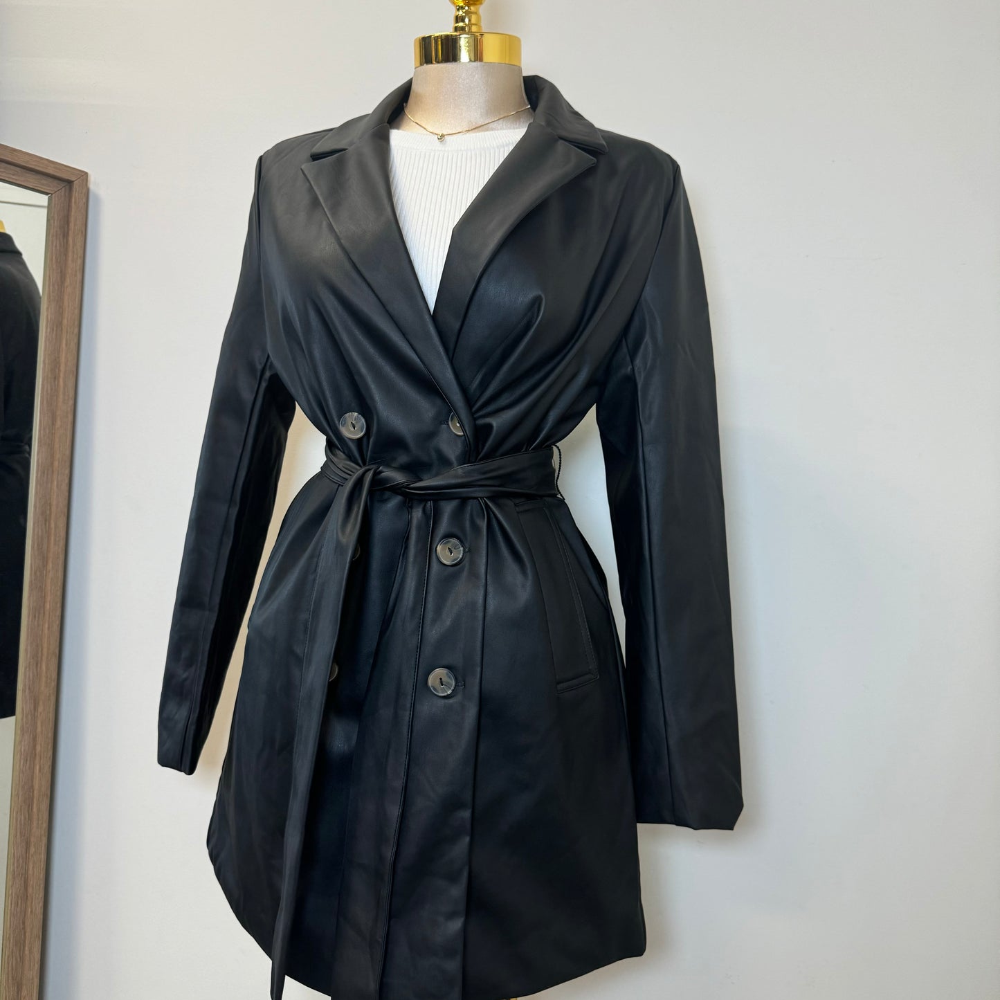 Leather Coat with Belt-Black