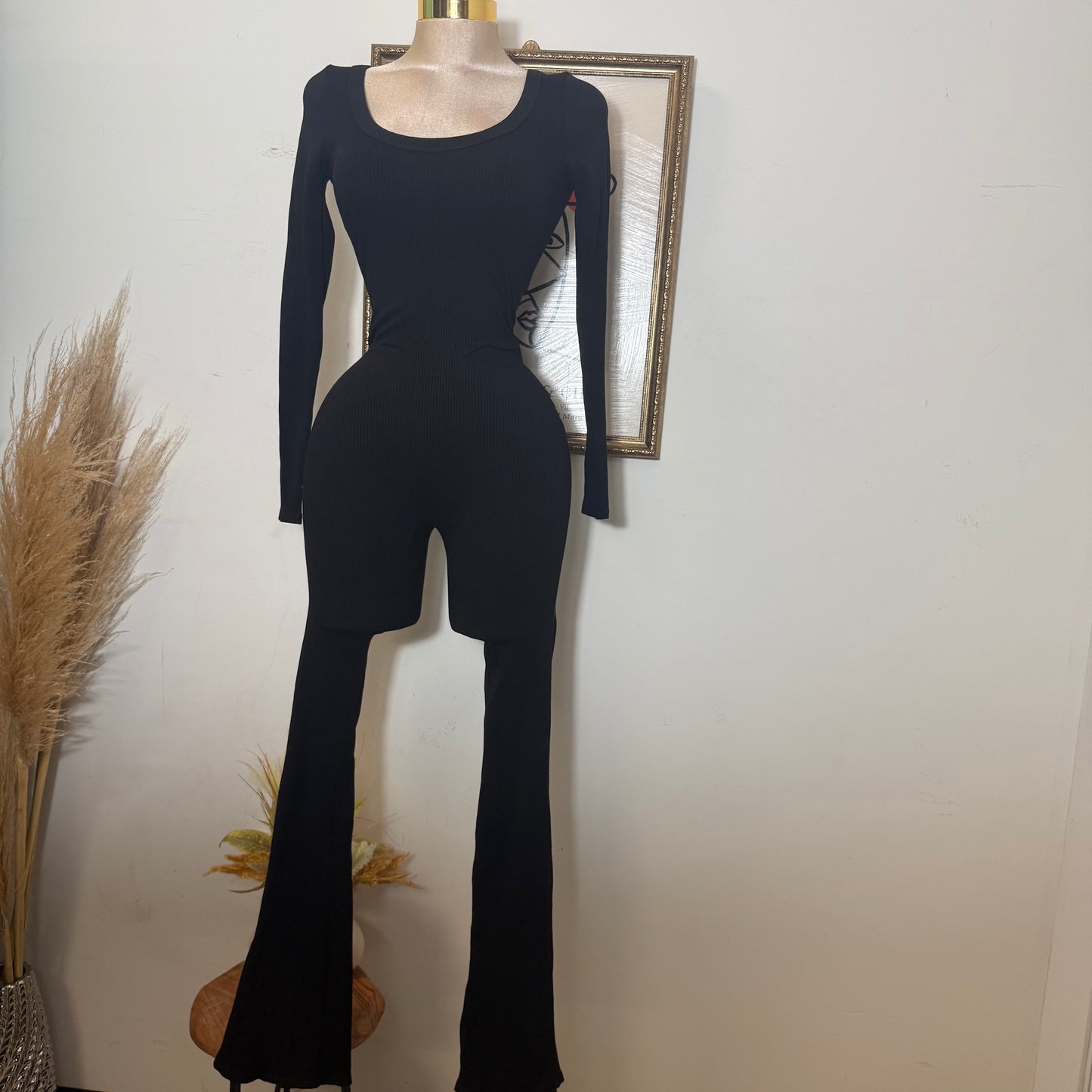 Long Sleeve Snatched Flare Jumpsuit-Black