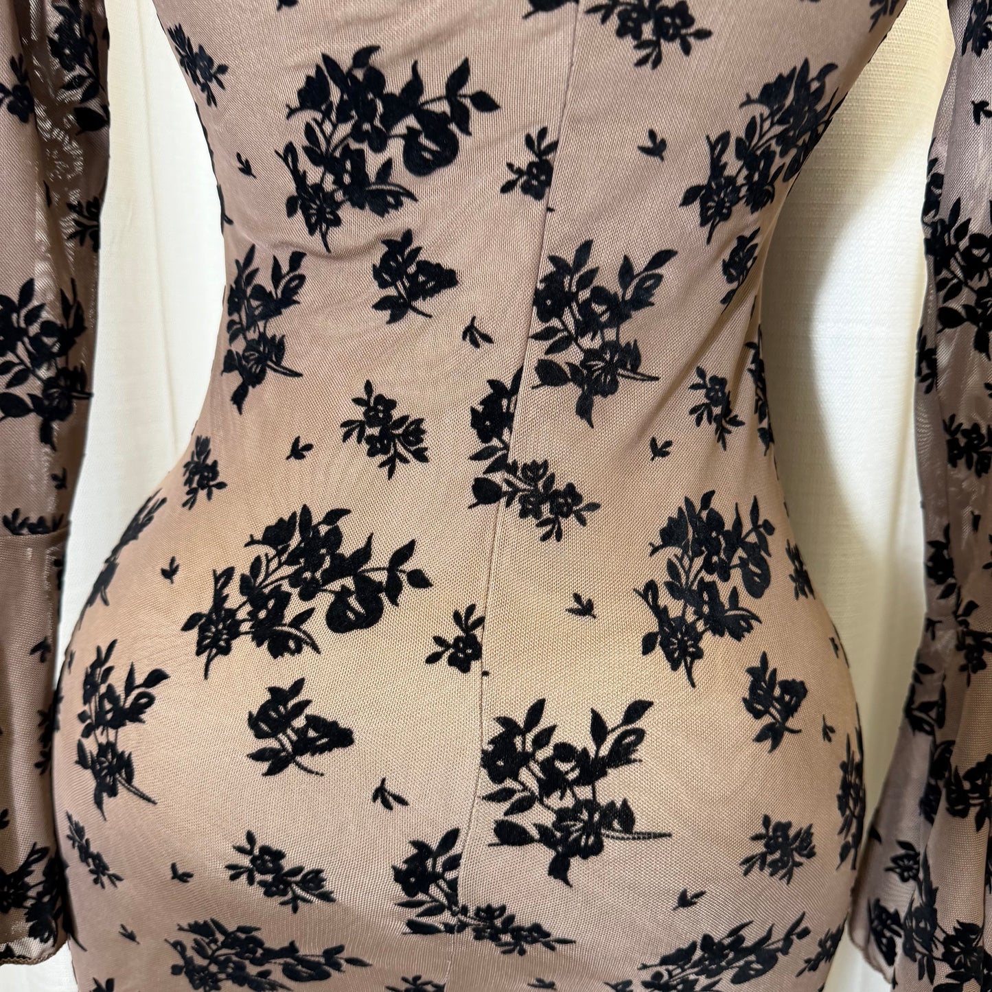 Flocked Long Sleeve Mesh off shoulder maxi Dress-Brown/Black