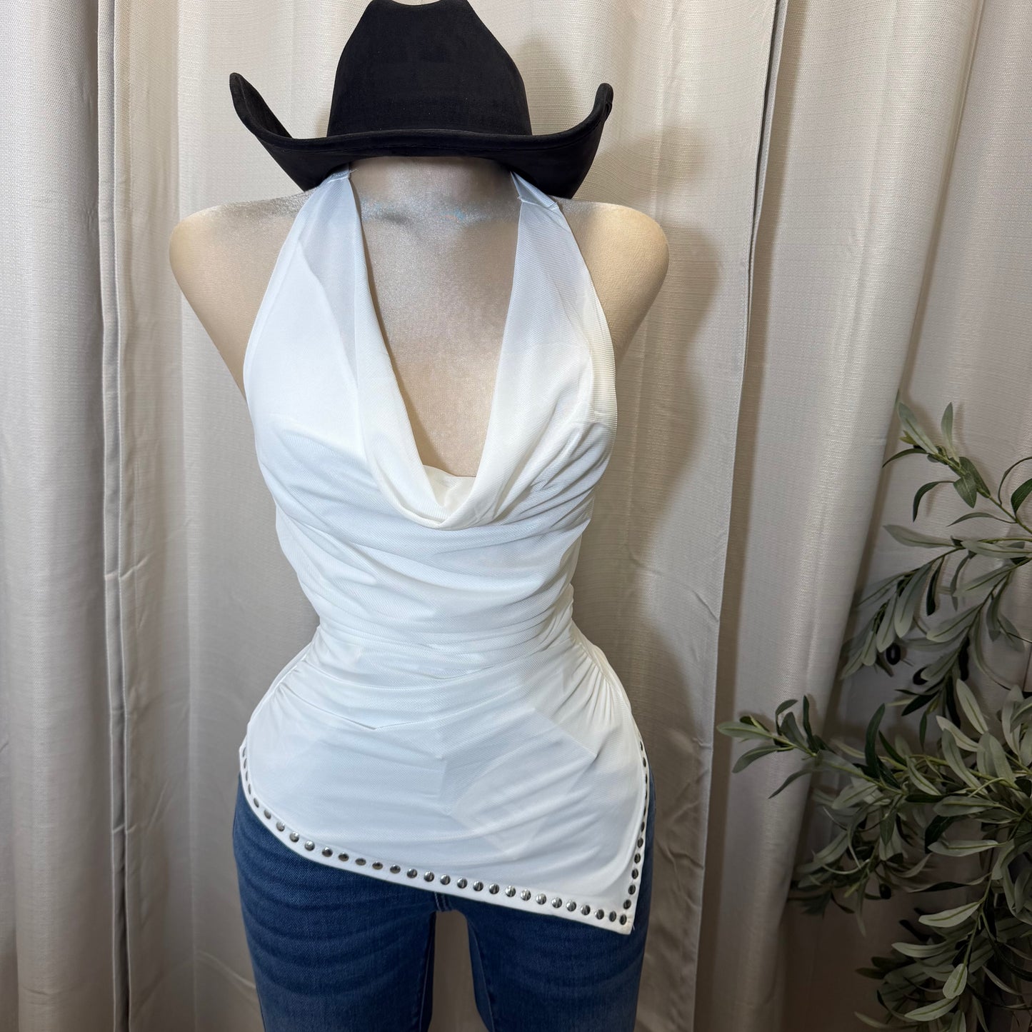 Cowl Neck Halter Ruched Top-ivory