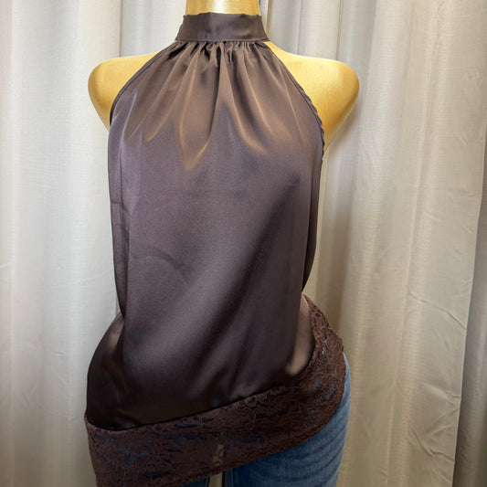 Satin Lace Asymmetrical Top-Brown