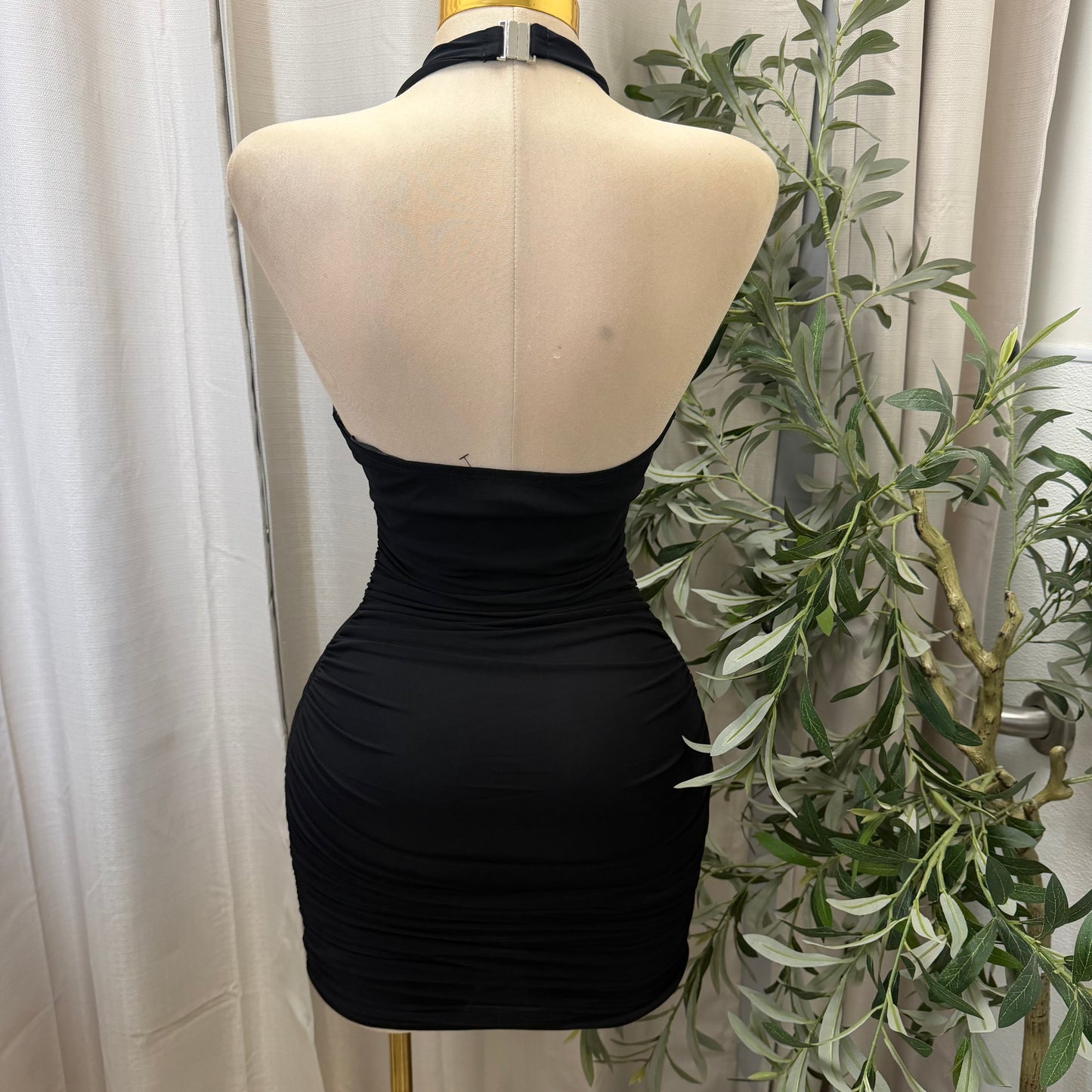 Ruched Plunging Halter Bodycon Mini Dress-Black