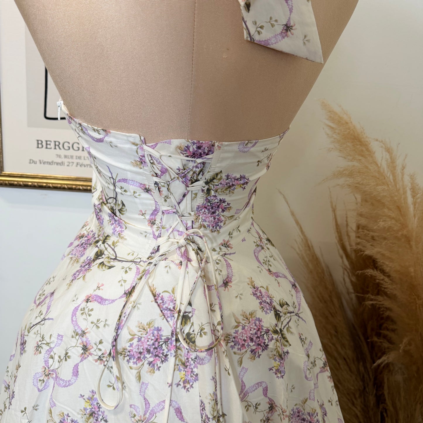 Ribbon Print Fabric Halter Corset Midi Dress-Lavender