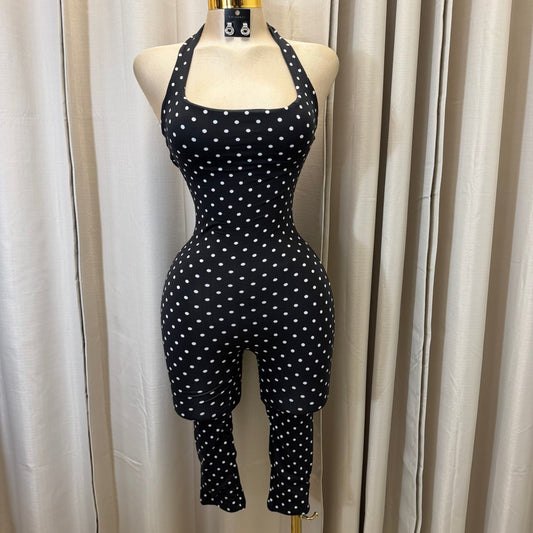 Halter Polka dot Jumpsuit with headband-white/black