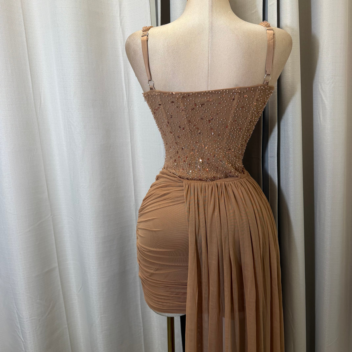 Mesh with beads Sequin Sweetheart neckline Corset dress-Mocha/Beige