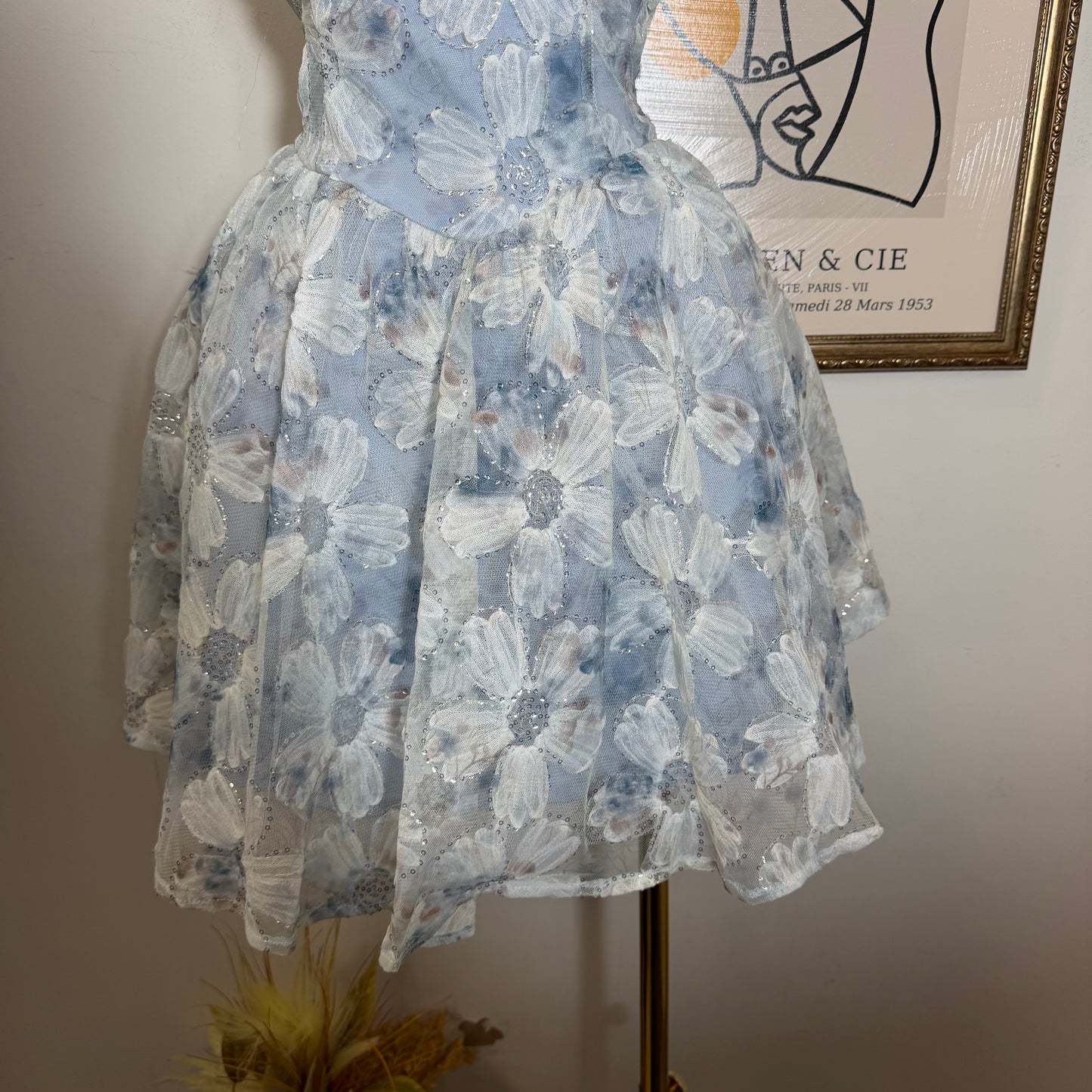 Flower Textured A line Mini Dress-Blue