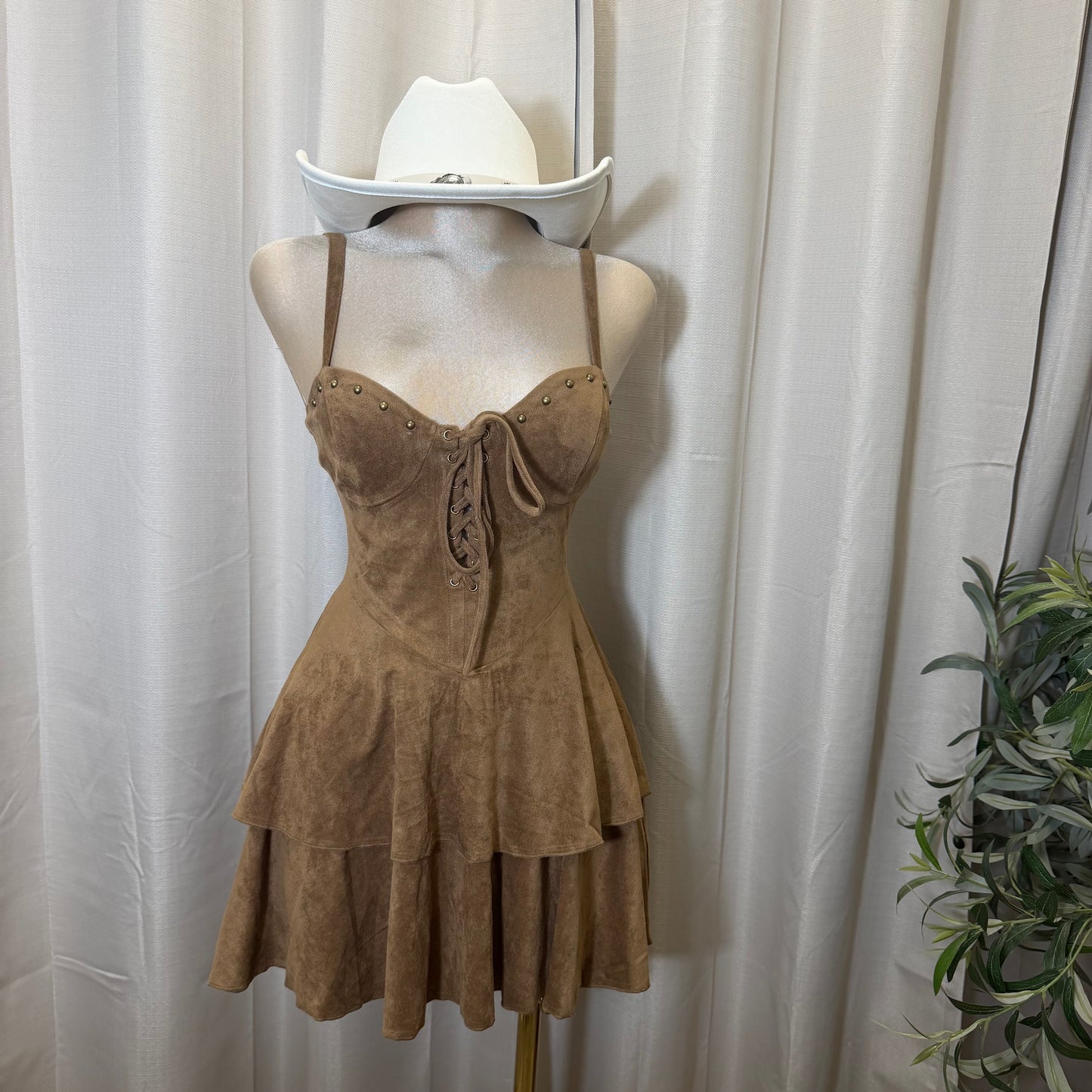 Studded Lace Up Tiered Mini Dress-Brown