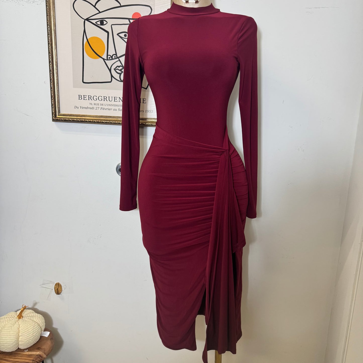 Mock Neck Ruffle Midi Dress-Wine
