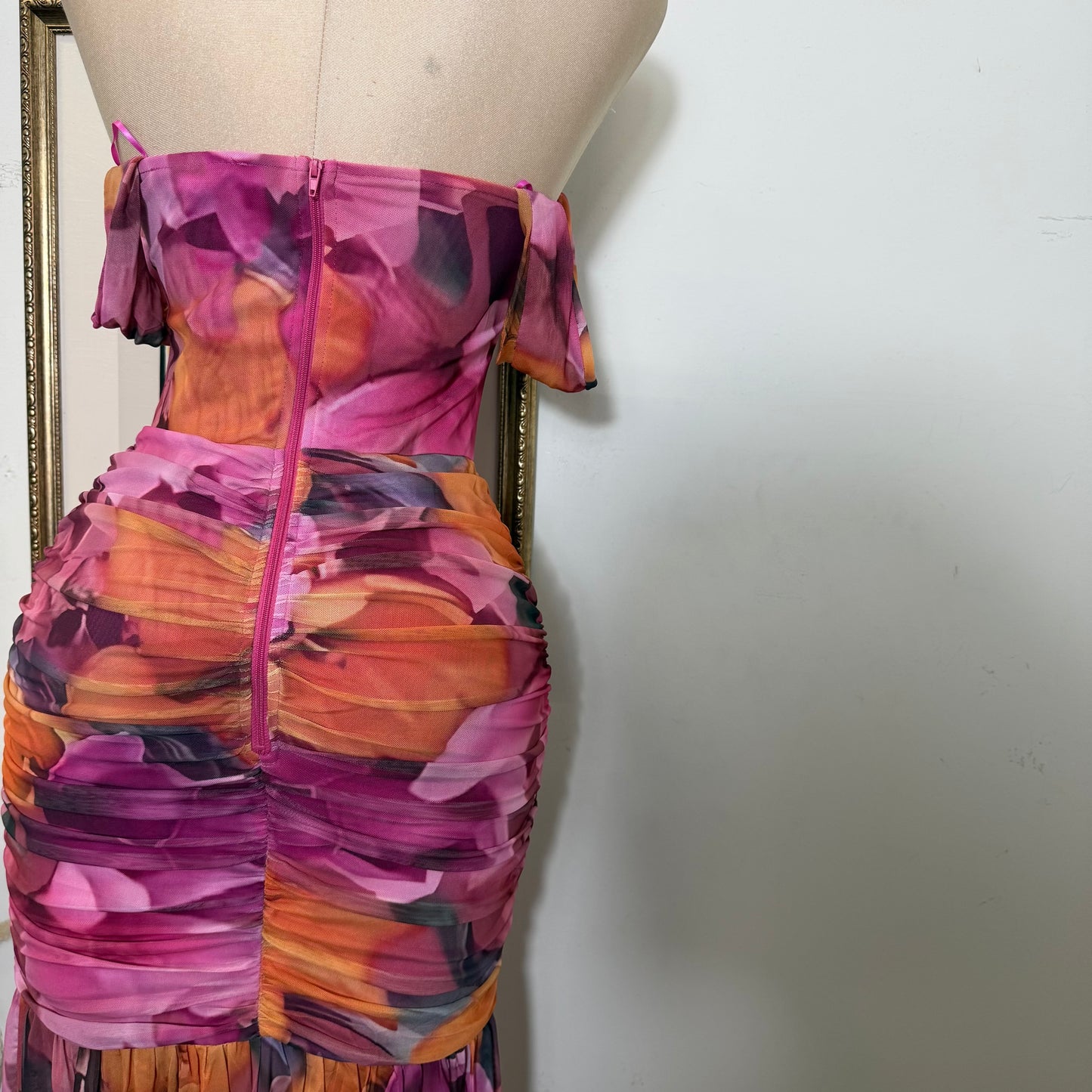 Floral Ruched Off Shoulder Maxi Dress with high slit-Mauve/Pink