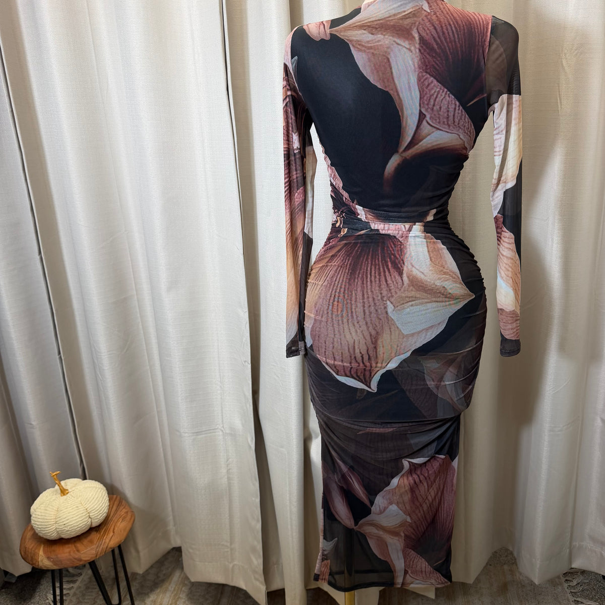 Big Flower Mesh Shirring Midi Dress-Brown Combo