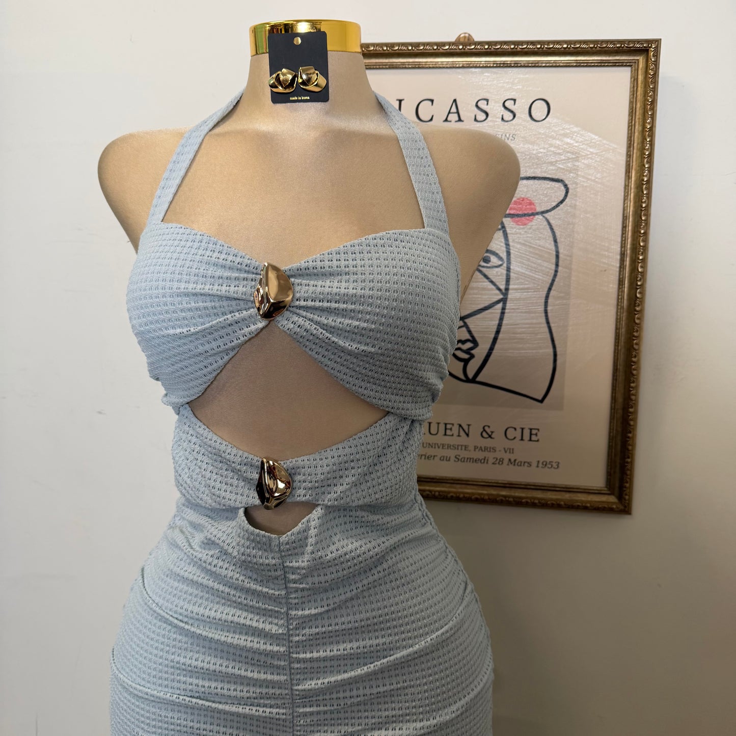 Front metal Trim Shirring with slit Midi Dress-Blue