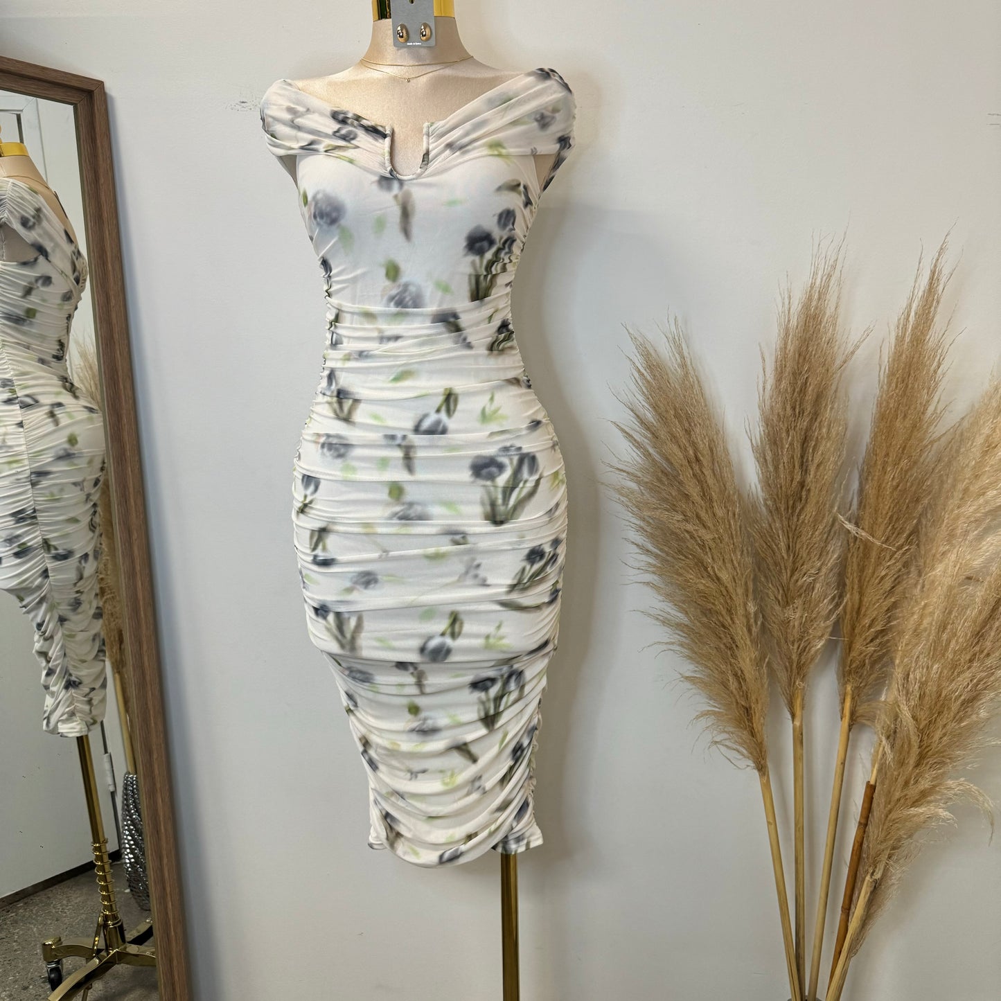 Spring Off shoulder Dress-Cream Multi