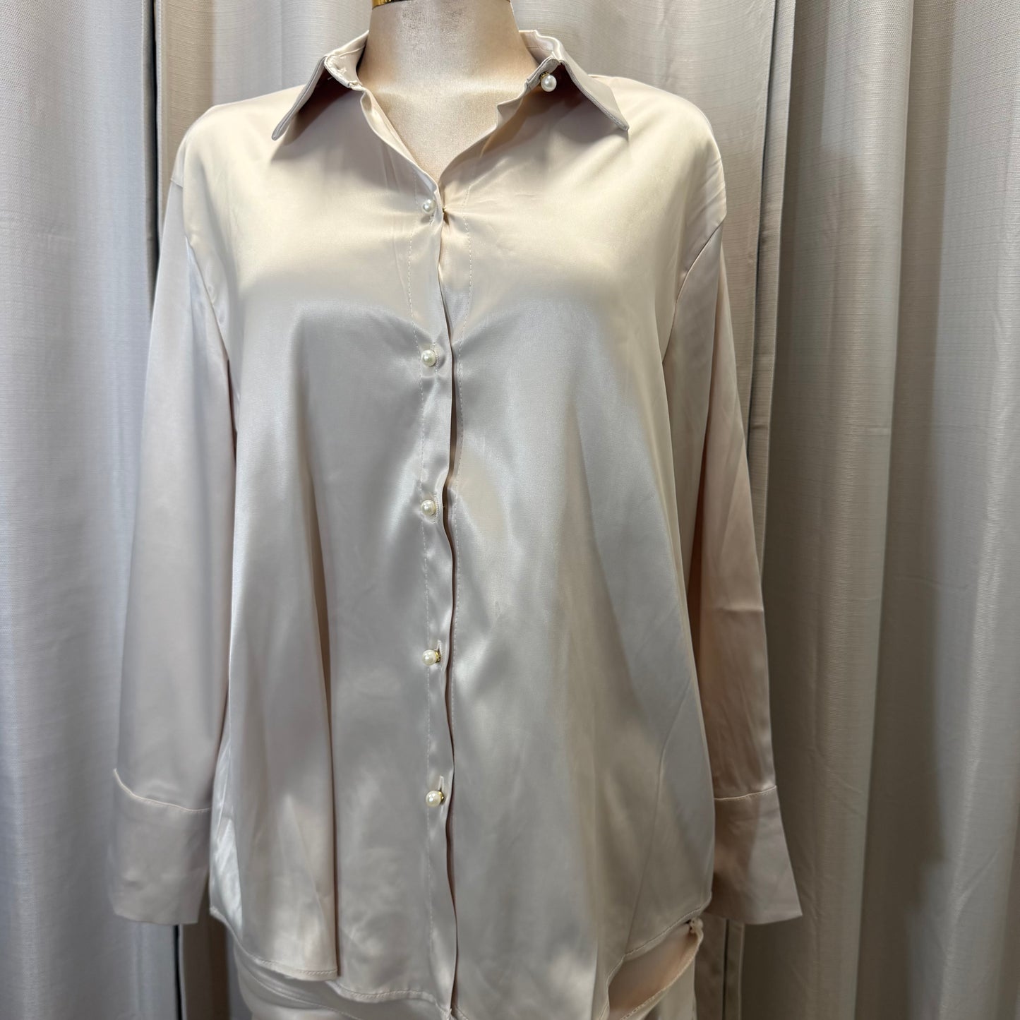 Satin Long Sleeve Top with Lace Skirt-Beige/Cream/White