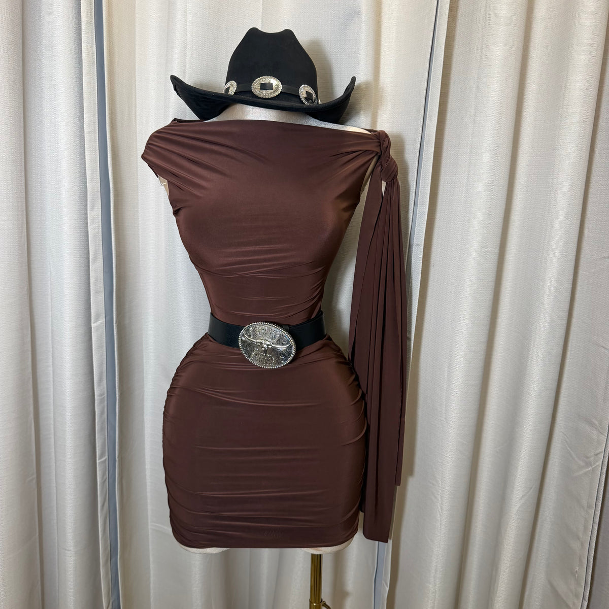 Off Shoulder Ruched Side Tie Mini Dress-Brown