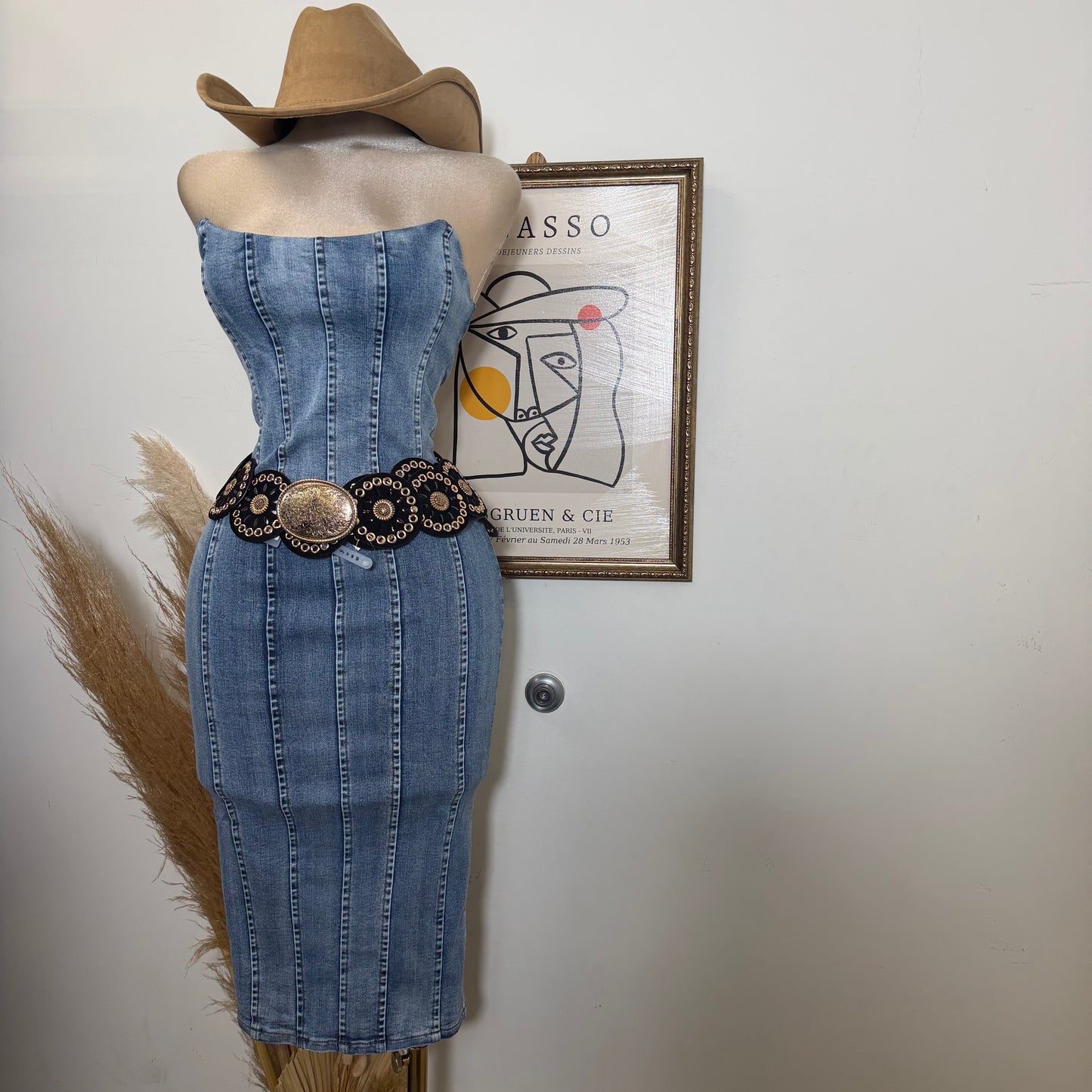 Denim Strapless Midi Dress-LT Blue