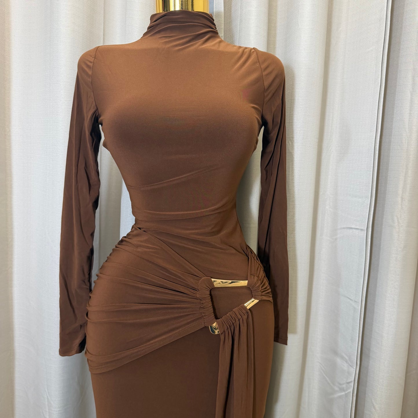 Long sleeve  Solid Double Layer Front Sash Midi Dress-Brown