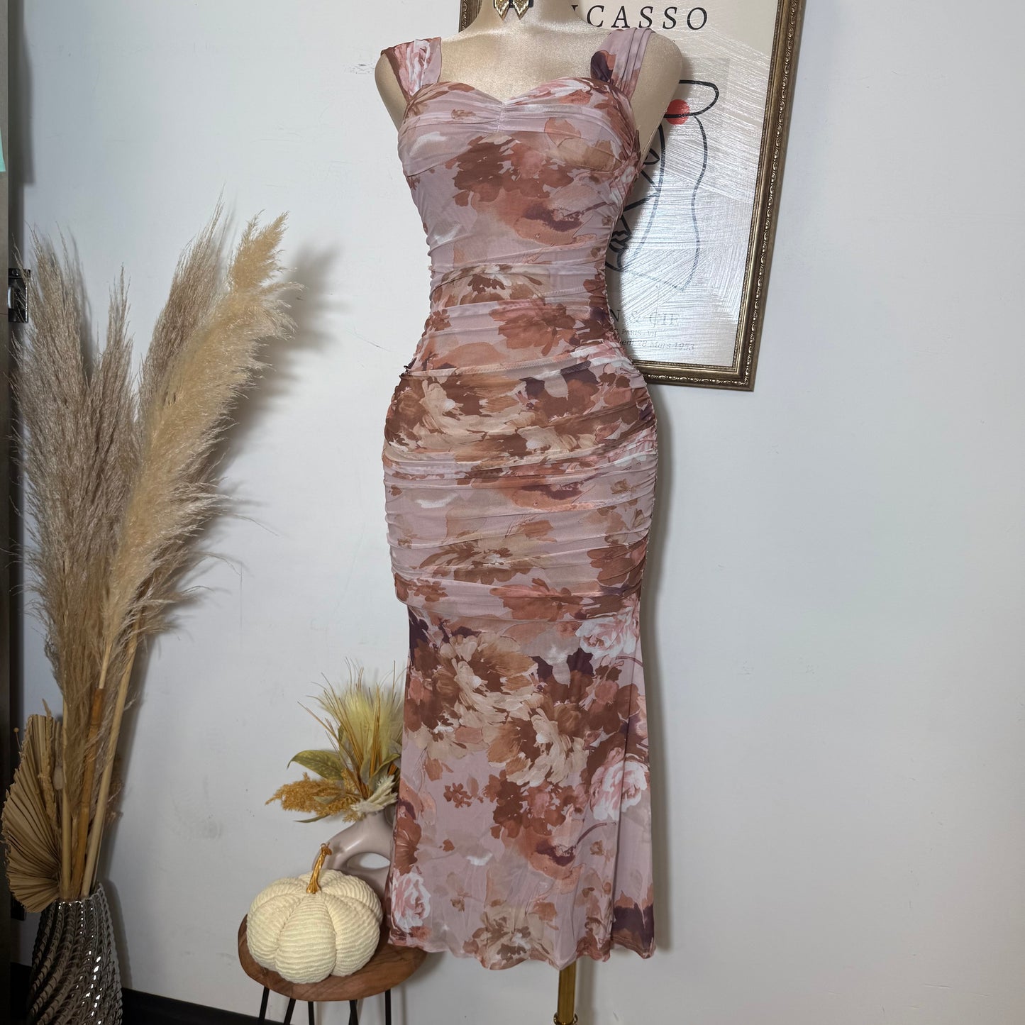 Off Shoulder Bustier Ruching Maxi Dress-brown