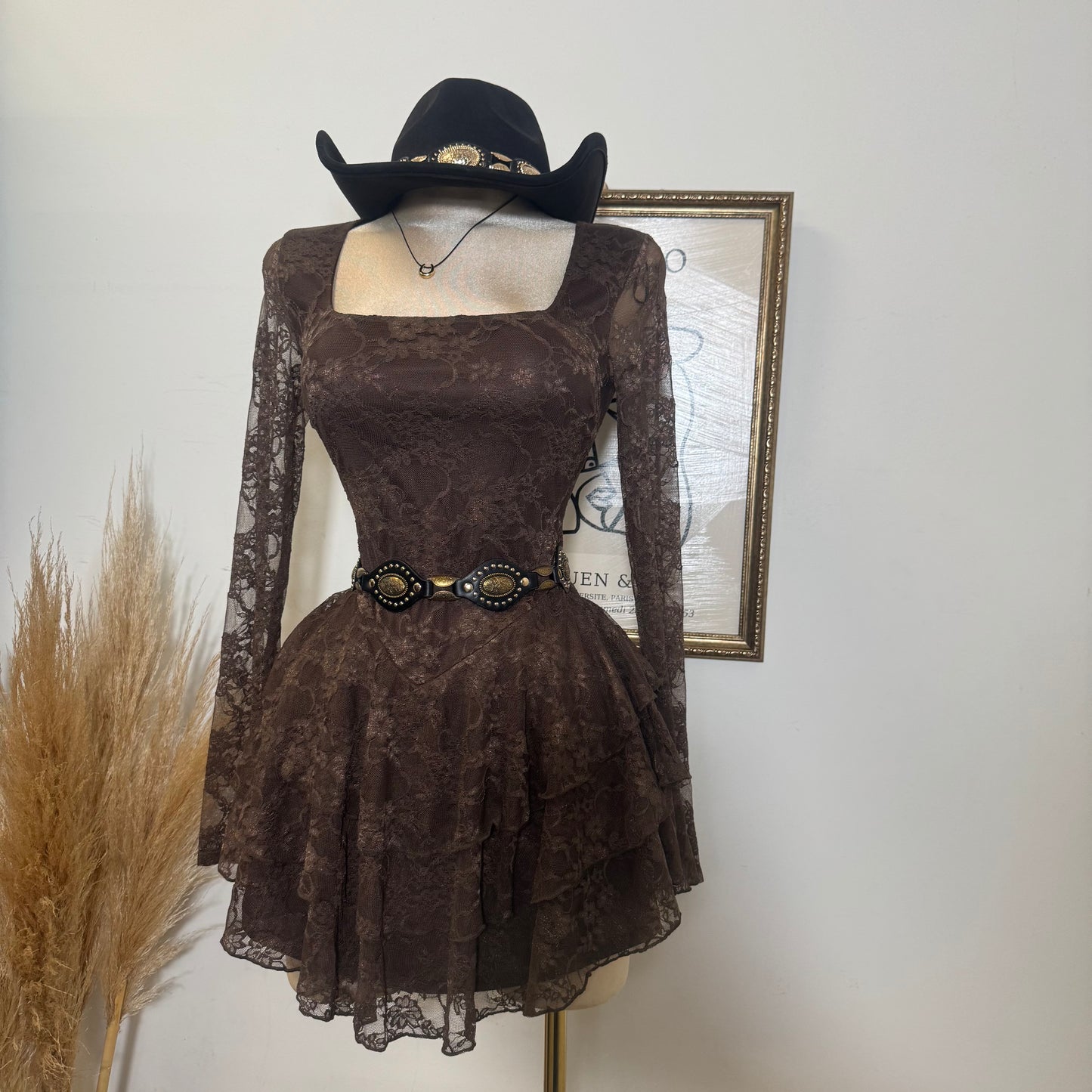 Lace Long Sleeve Ruffle Layered Mini Dress-Brown