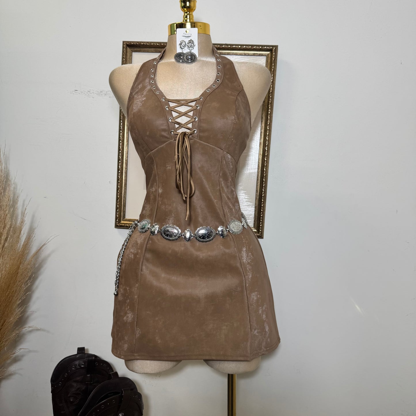 Front Gromment lace up Halter flare mini Dress-Camel