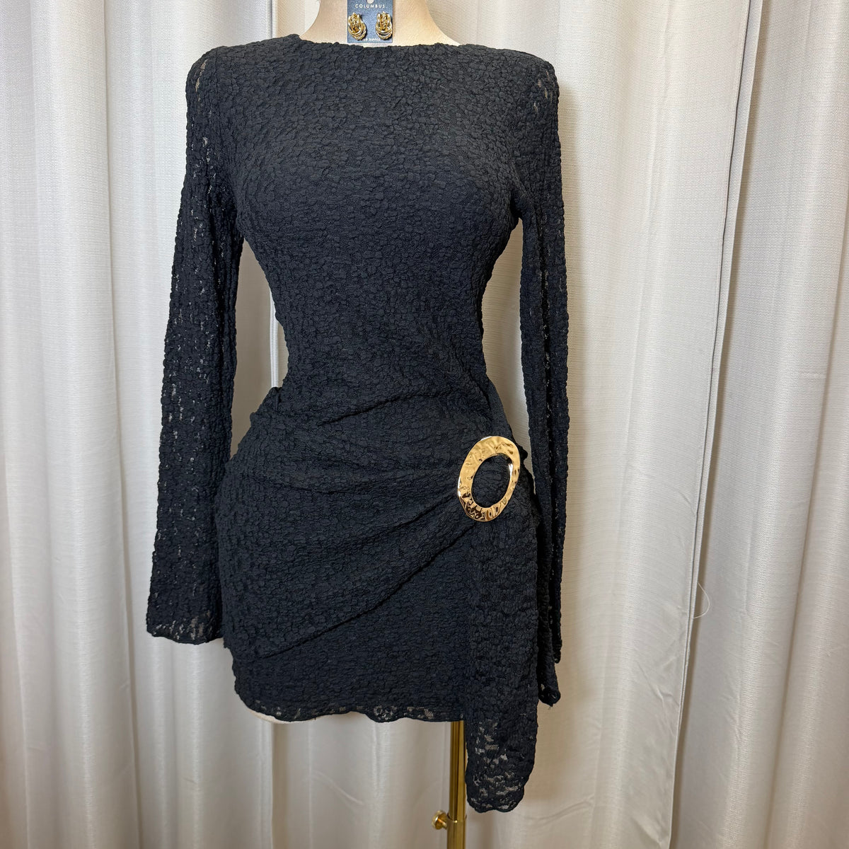 Long Sleeve Gold Detail Dress-Black
