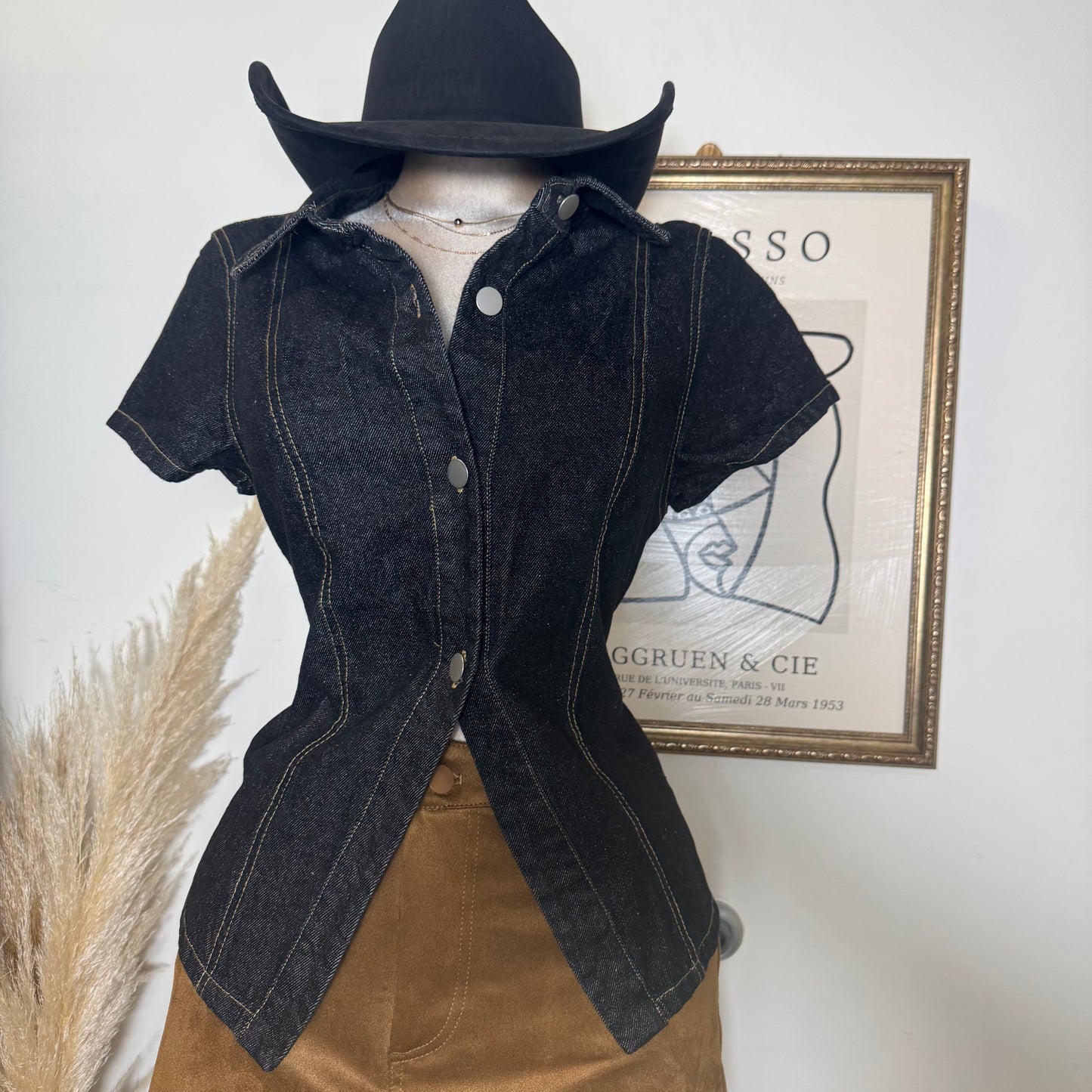 Short Sleeve Button Front Denim Top-Black