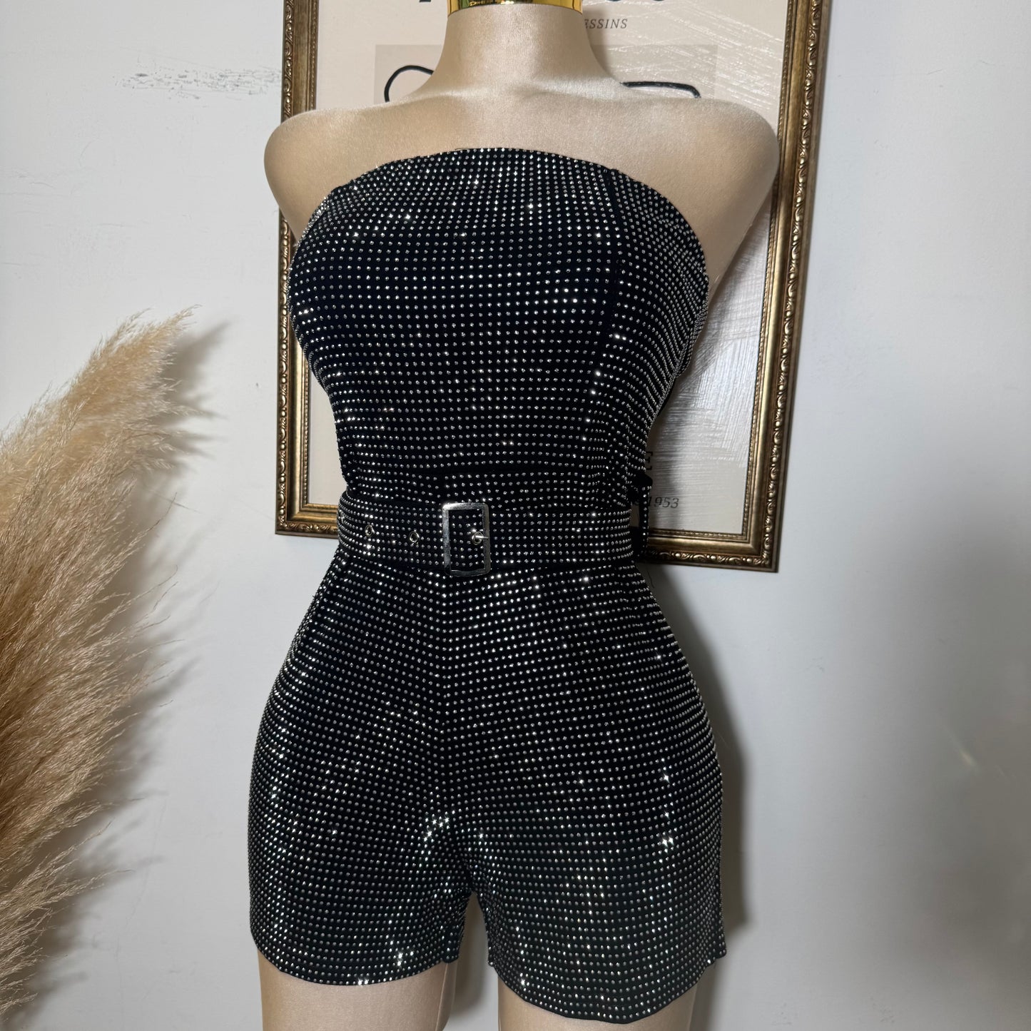 Strapless Rhinestone Romper With Belt-Black