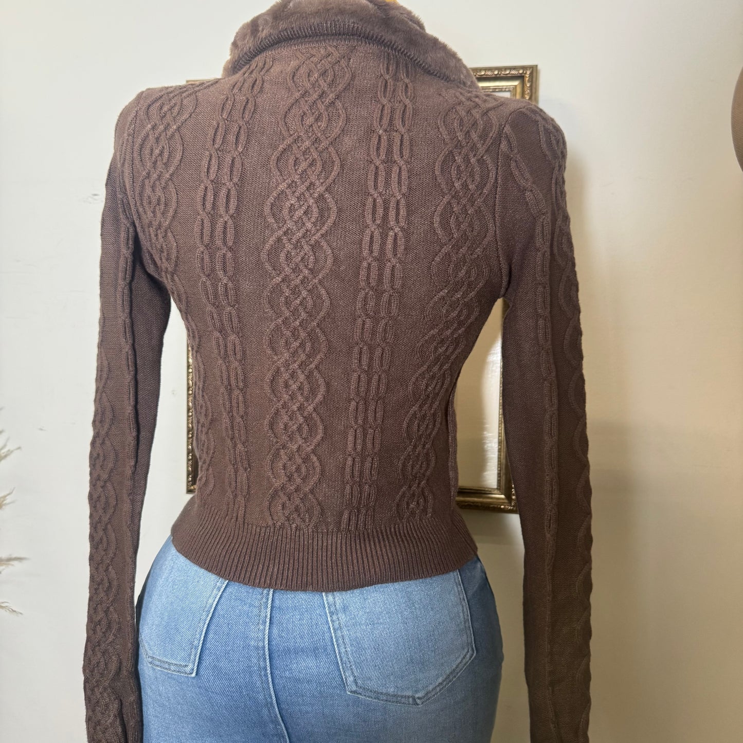 Crew Neck Viscose Rib Sweater-Brown