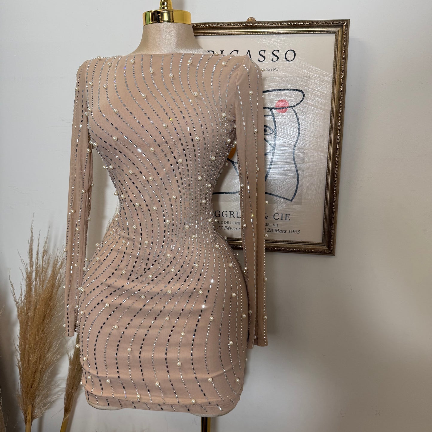Rhinestone Trim Wave Pearl On Power Mesh Mini Dress-Nude