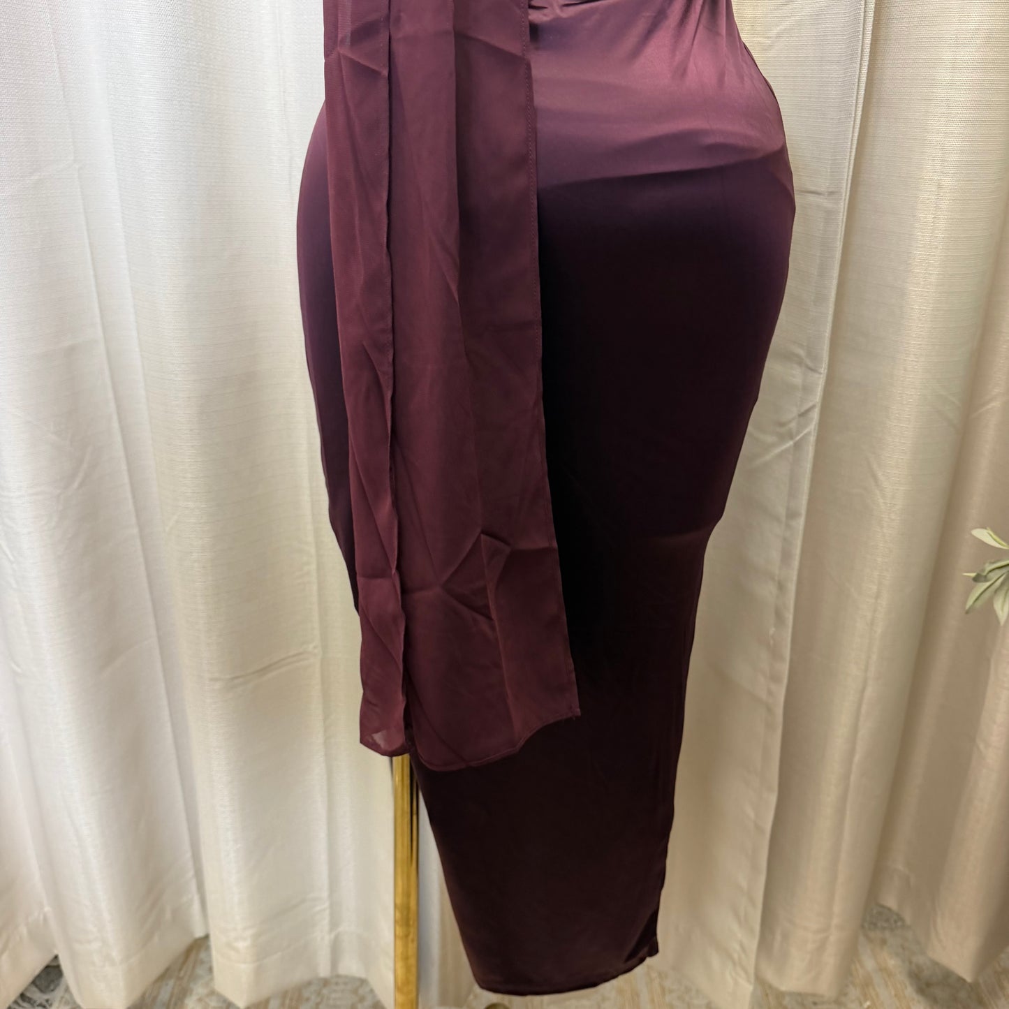 Pearl Satin with Chiffon Sash one Shoulder Dress-Plum