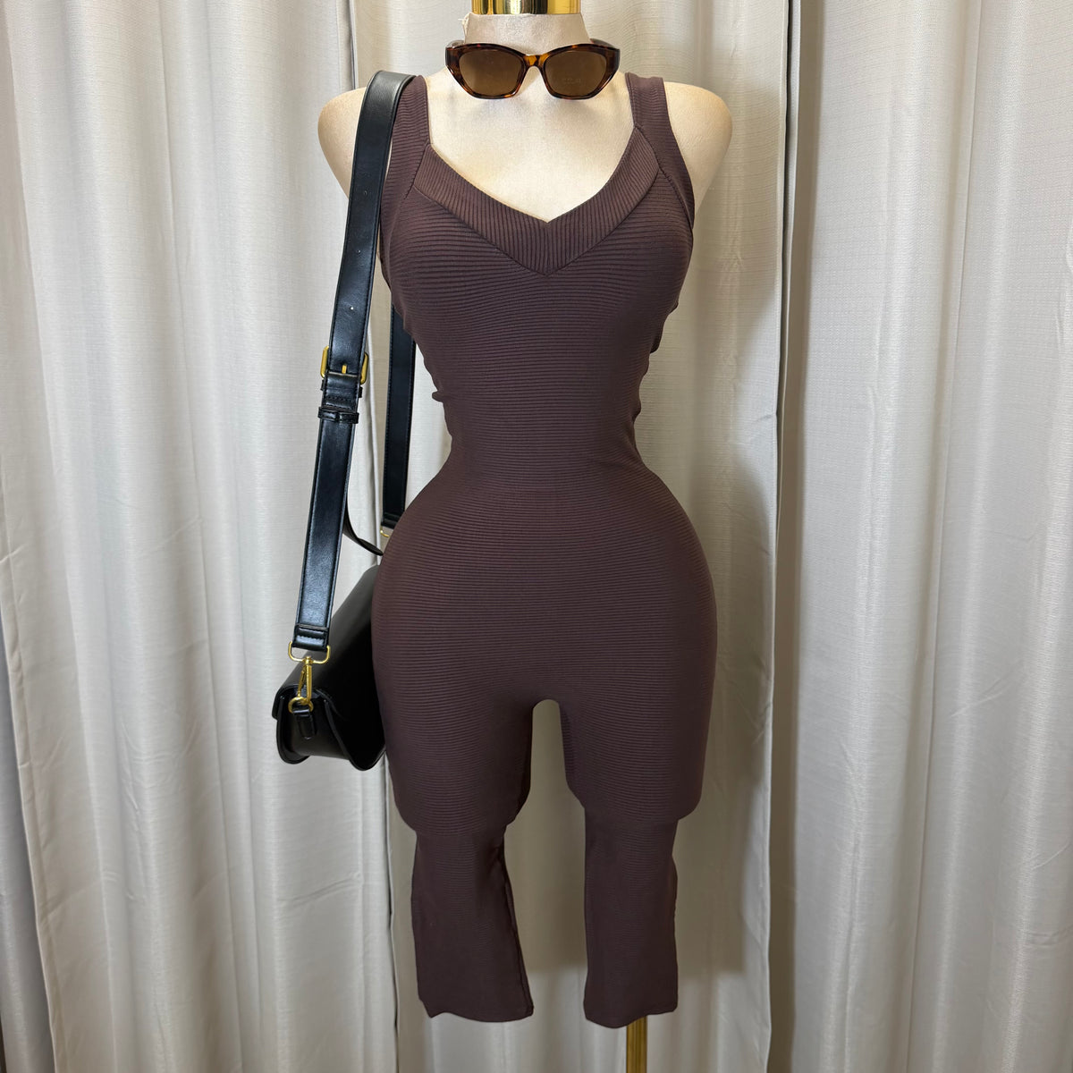 Ribbed Capri Jumpsuit-Brown
