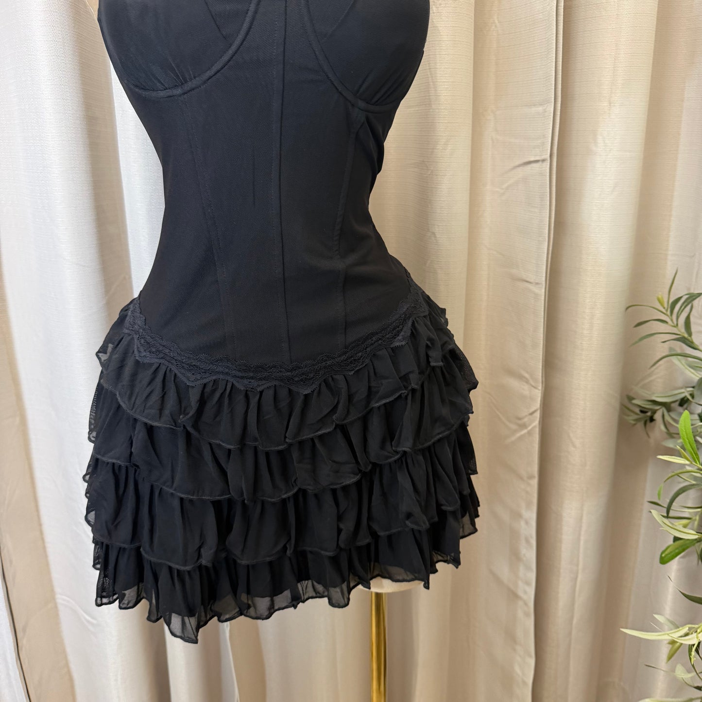 Halter Neck Mini Corset Dress with Layered skirt-Black