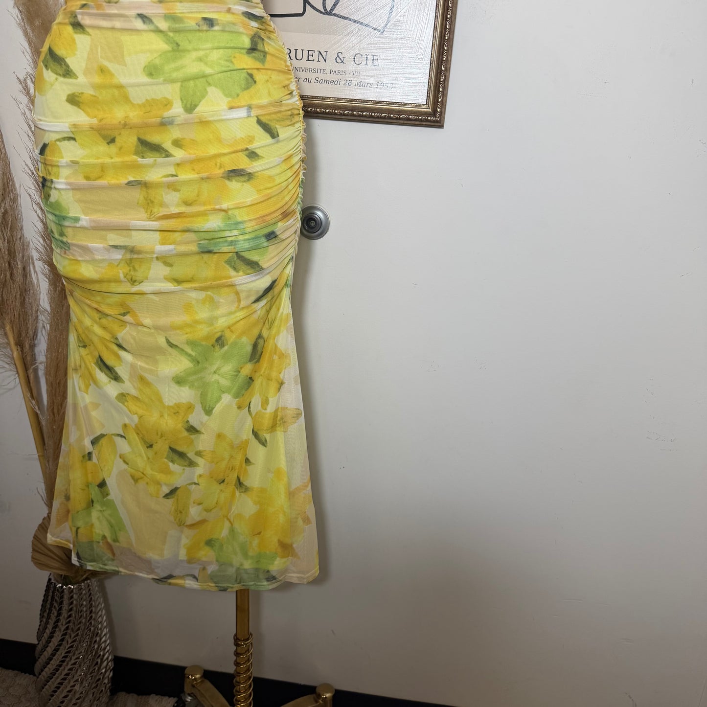 Mesh Print Midi Dress-Lemon