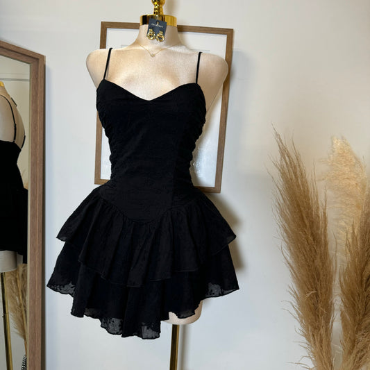 Ruched Smocked Double Layer Mini Dress-Black