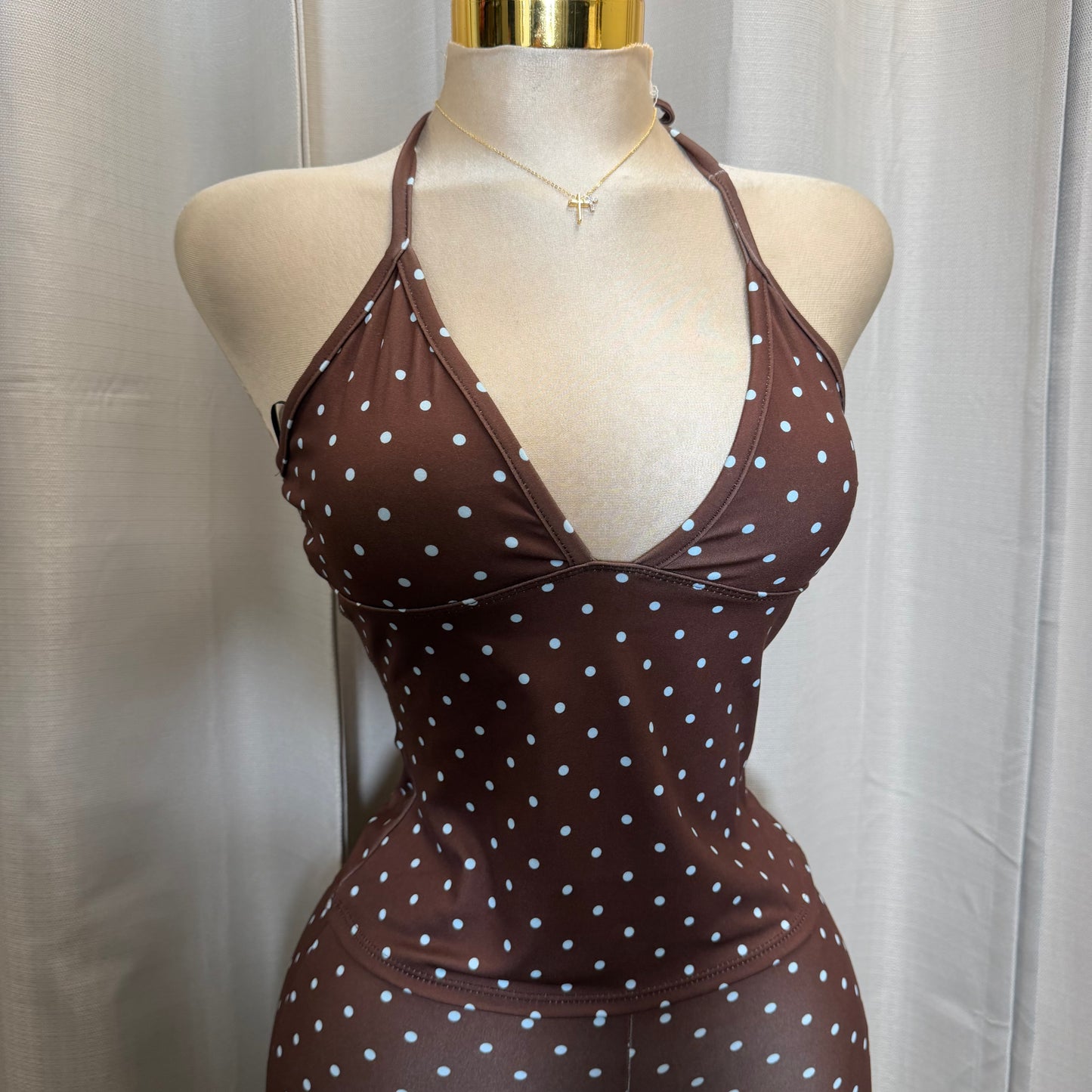 Halter Polkadot Capri Set-Brown/Blue