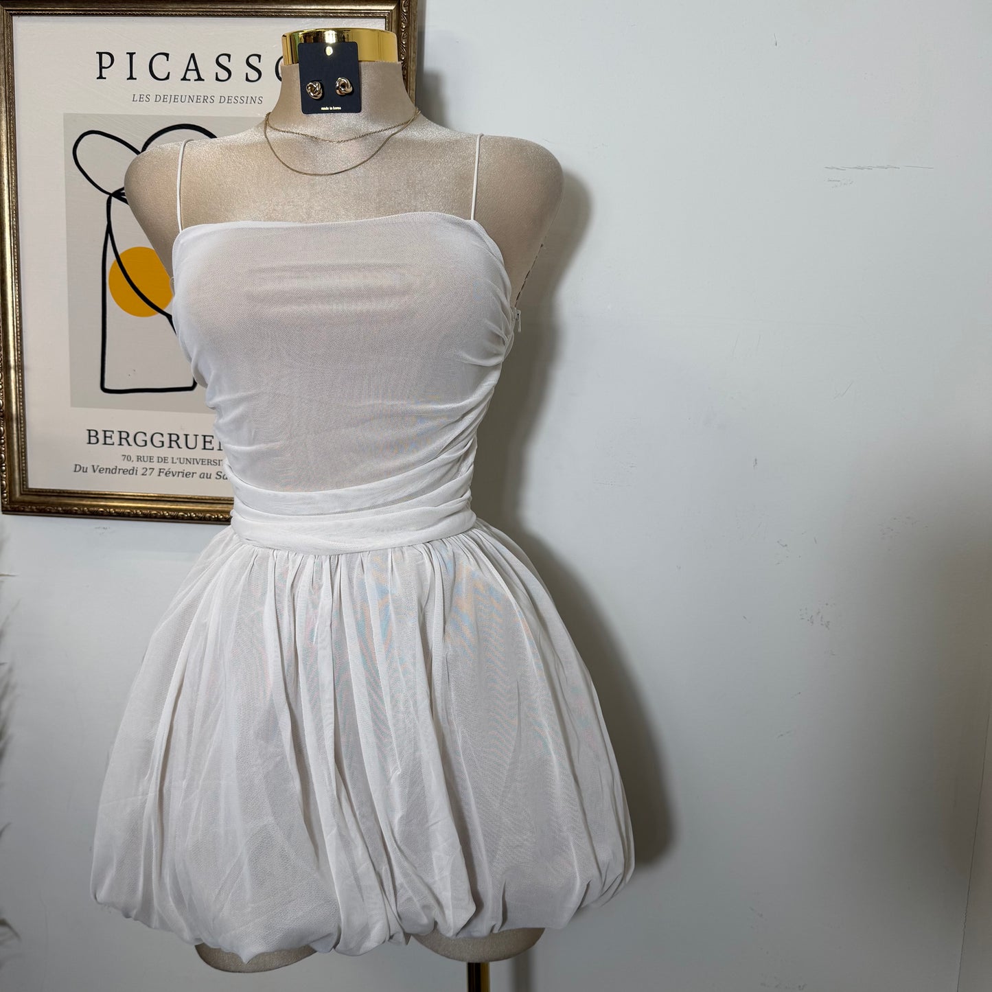 Ballon Mesh Mini Dress-Ivory