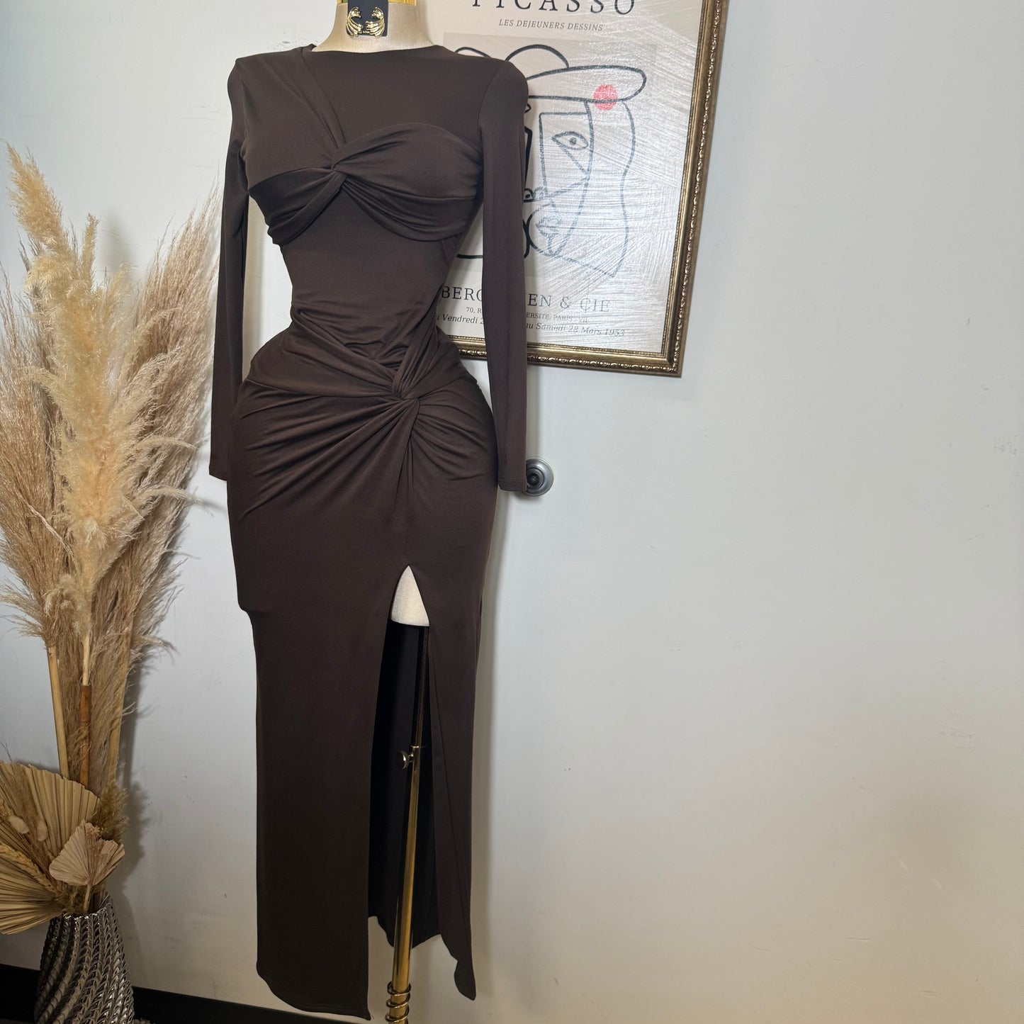 Long sleeve Soft Material Dress-Brown