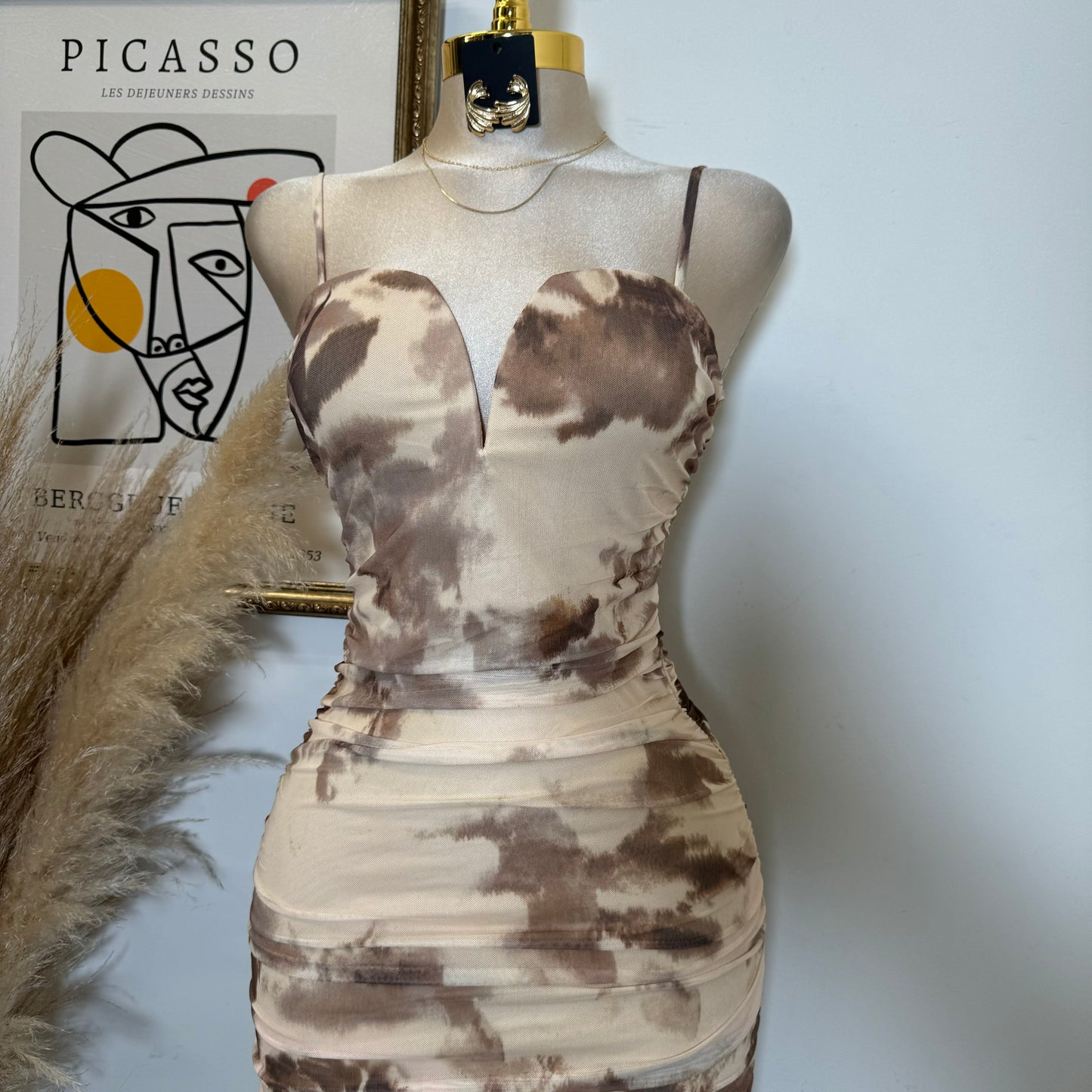 Mesh Print Midi Dress-Brown