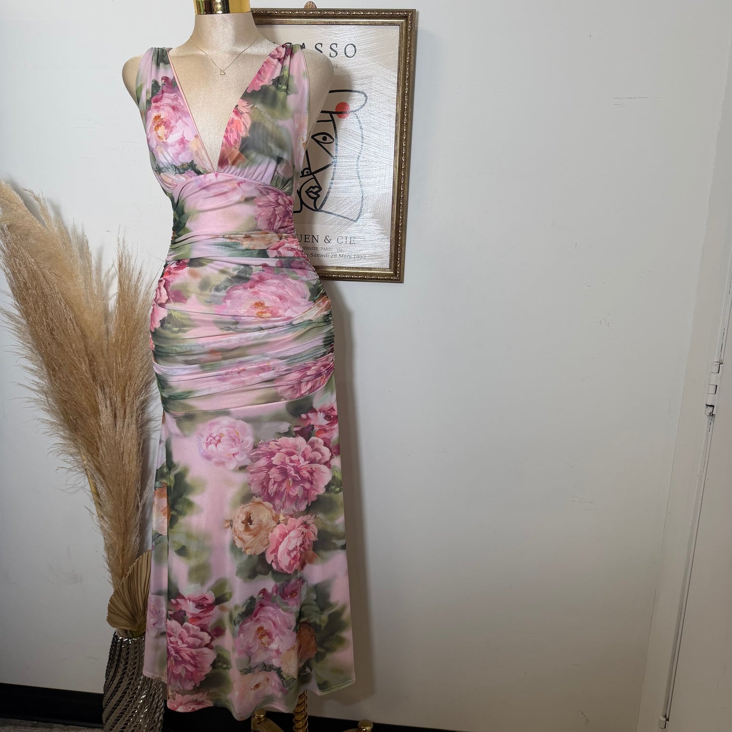Flower Print Mesh Maxi Dress-Mauve Combo