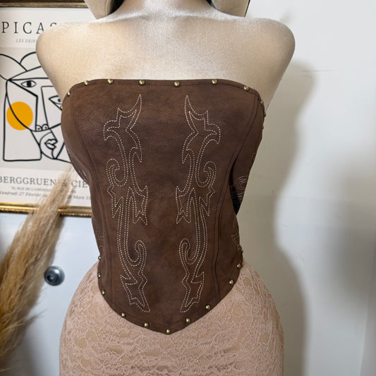 Western Lace Corset Top -Caramel