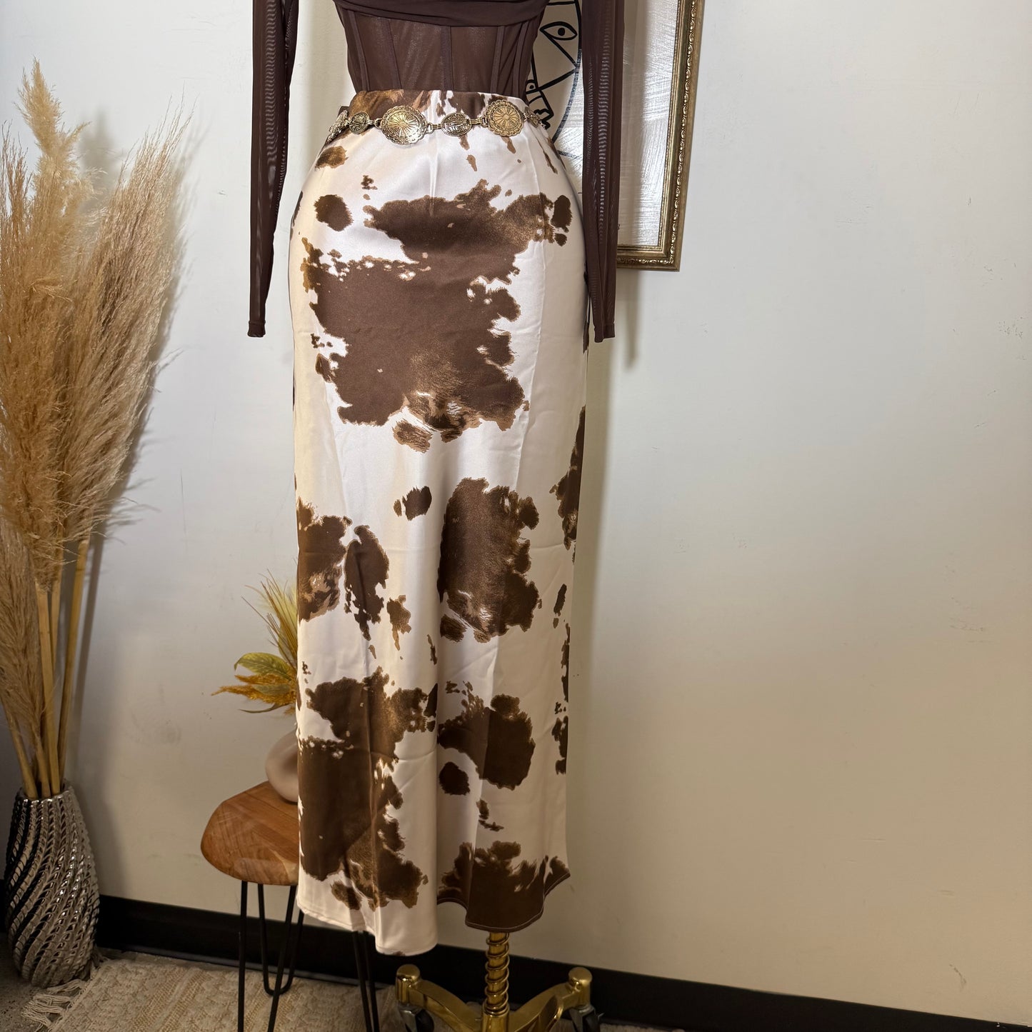 Cow Print Satin Maxi Skirt-brown